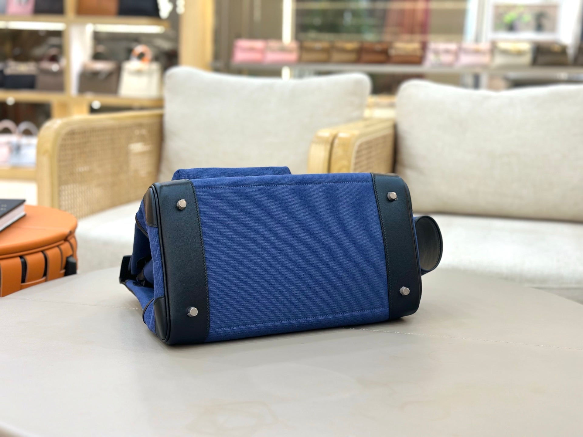 Birkin Cargo 35 in Bleu Encre Toile Goéland and Noir Swift Leather (Palladium Hardware)