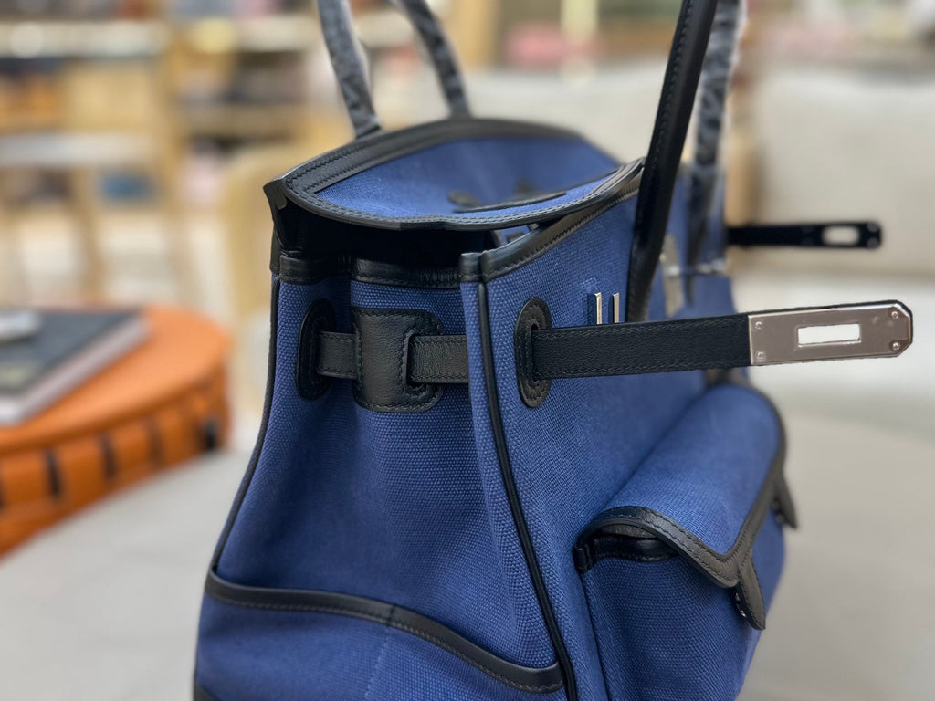 Birkin Cargo 35 in Bleu Encre Toile Goéland and Noir Swift Leather (Palladium Hardware)