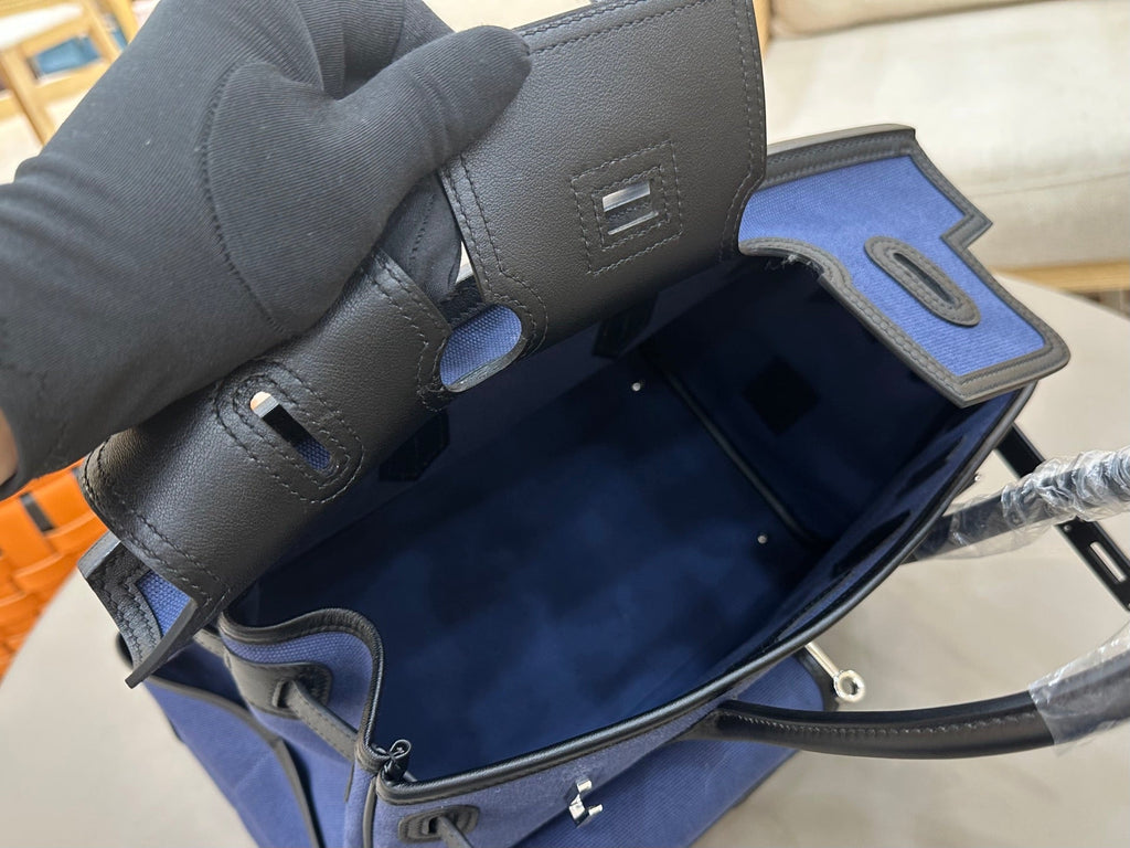 Birkin Cargo 35 in Bleu Encre Toile Goéland and Noir Swift Leather (Palladium Hardware)