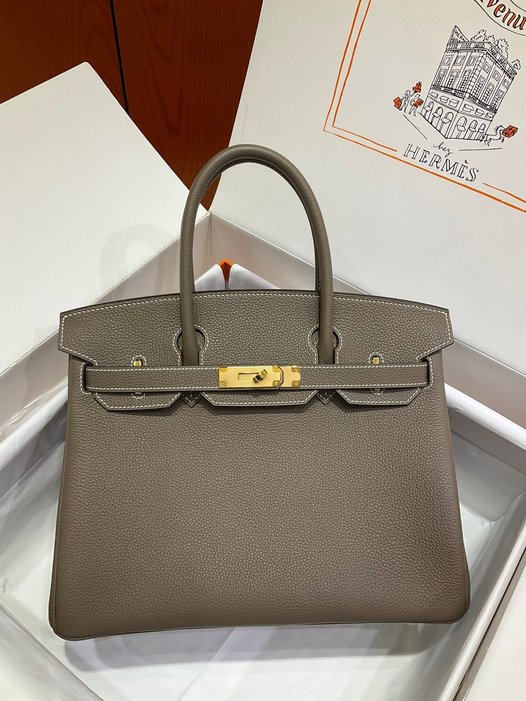 Birkin 30 Retourne in Etoupe Togo Leather with White Stitching (Gold Hardware)