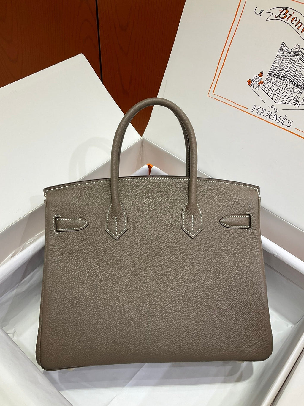 Birkin 30 Retourne in Etoupe Togo Leather with White Stitching (Gold Hardware)
