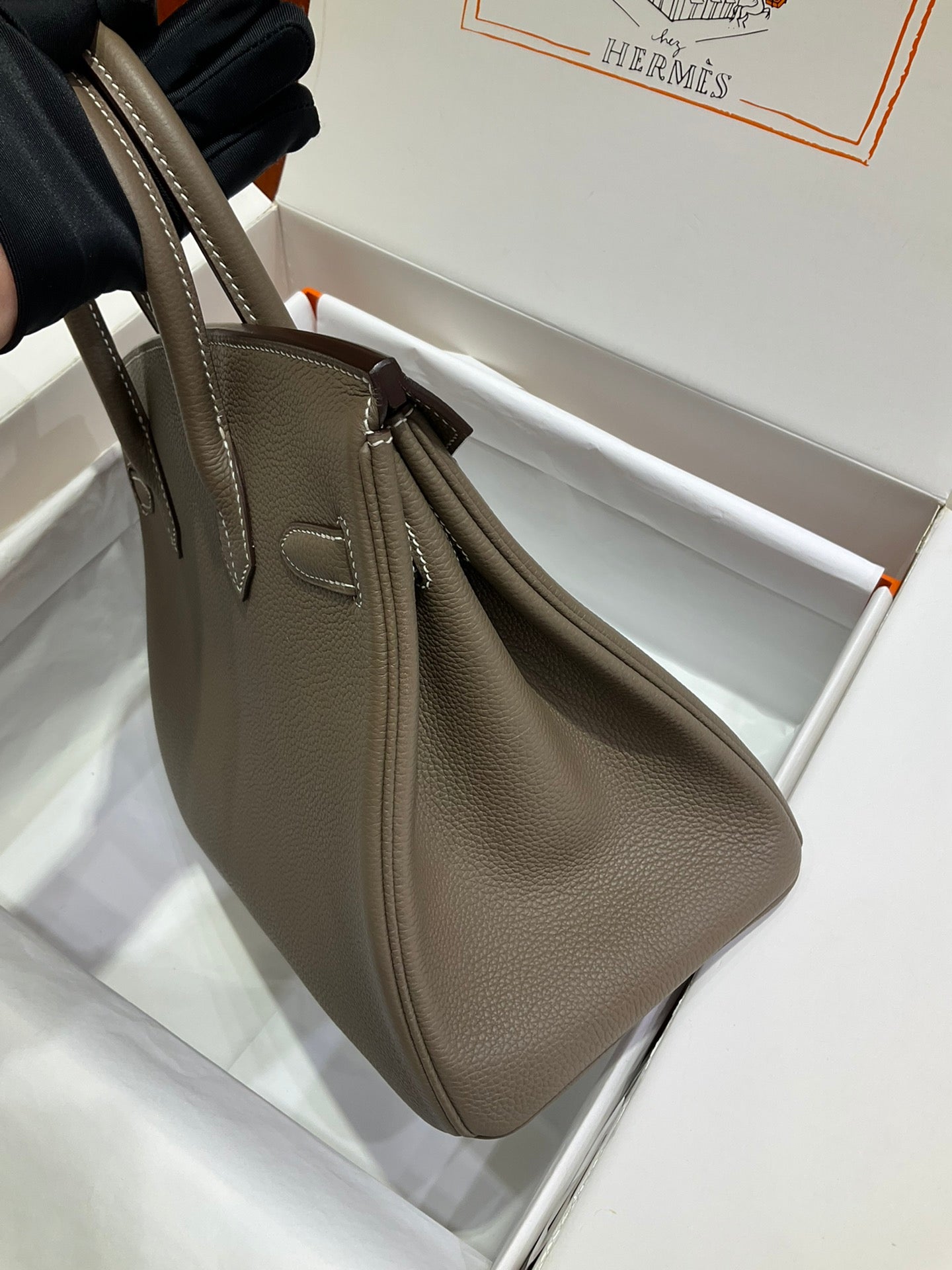 Birkin 30 Retourne in Etoupe Togo Leather with White Stitching (Gold Hardware)