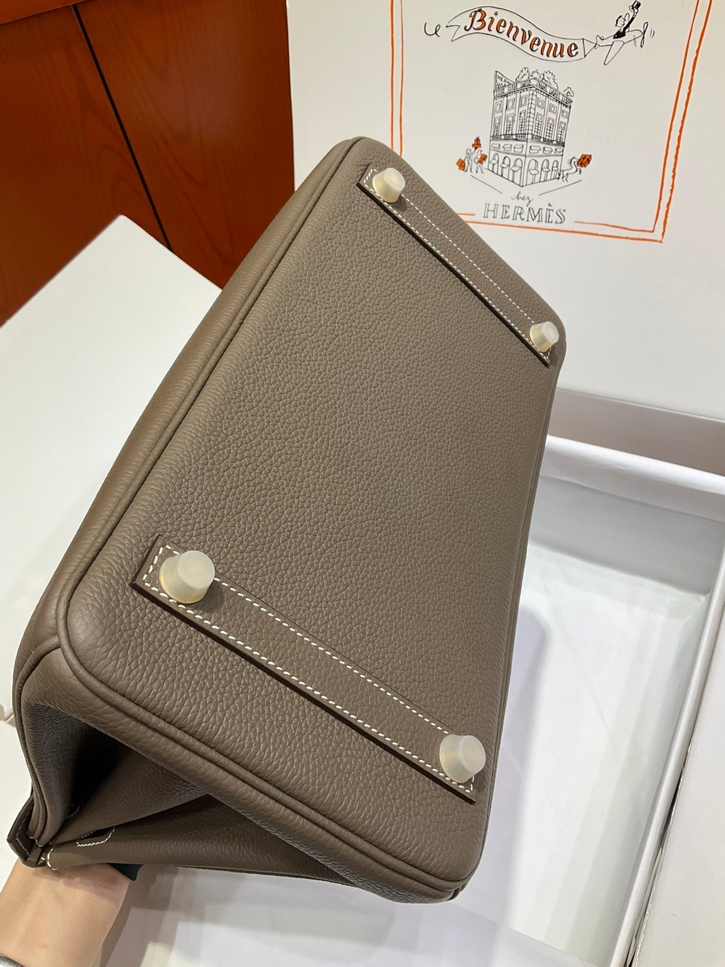 Birkin 30 Retourne in Etoupe Togo Leather with White Stitching (Gold Hardware)