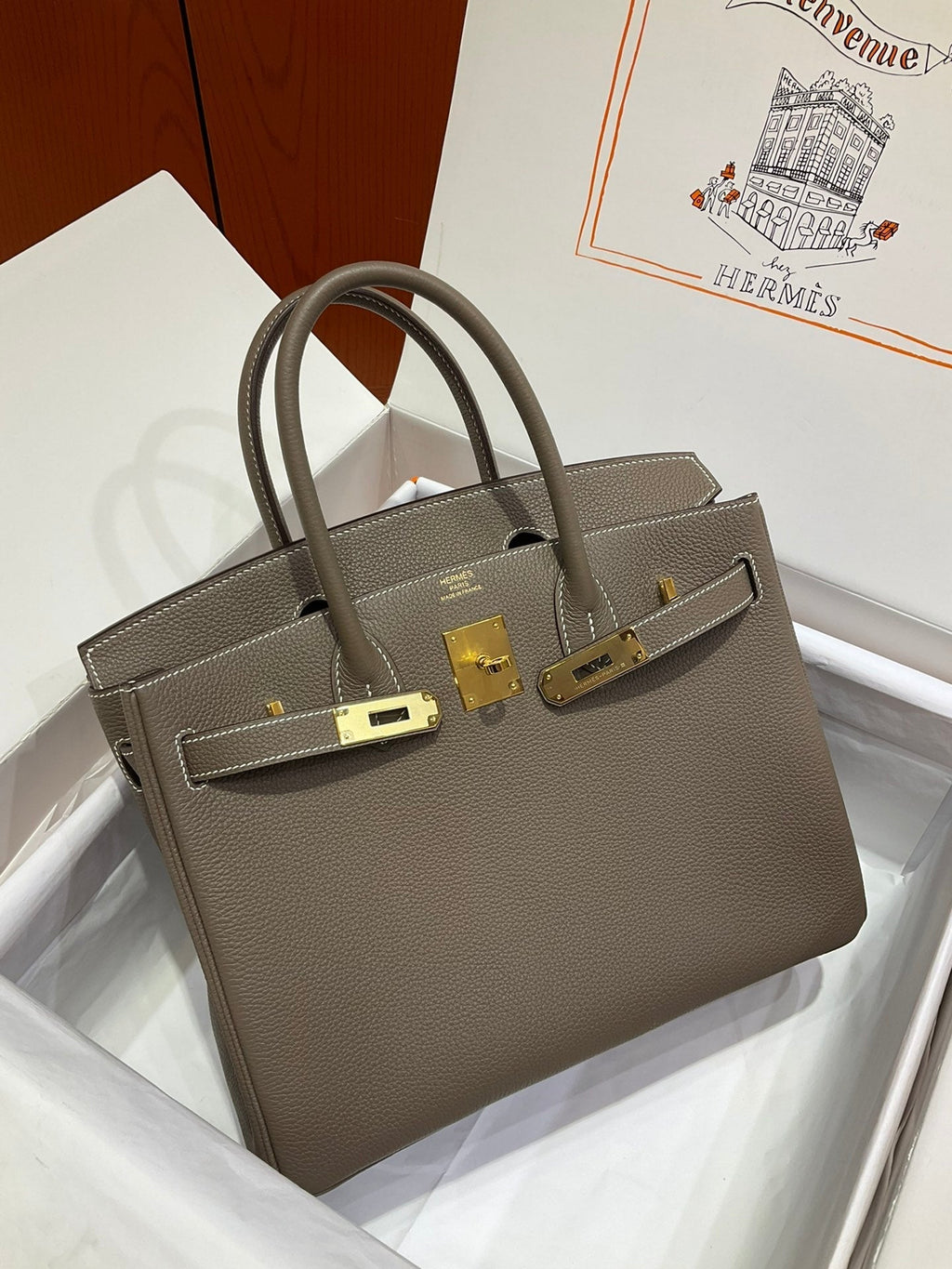 Birkin 30 Retourne in Etoupe Togo Leather with White Stitching (Gold Hardware)