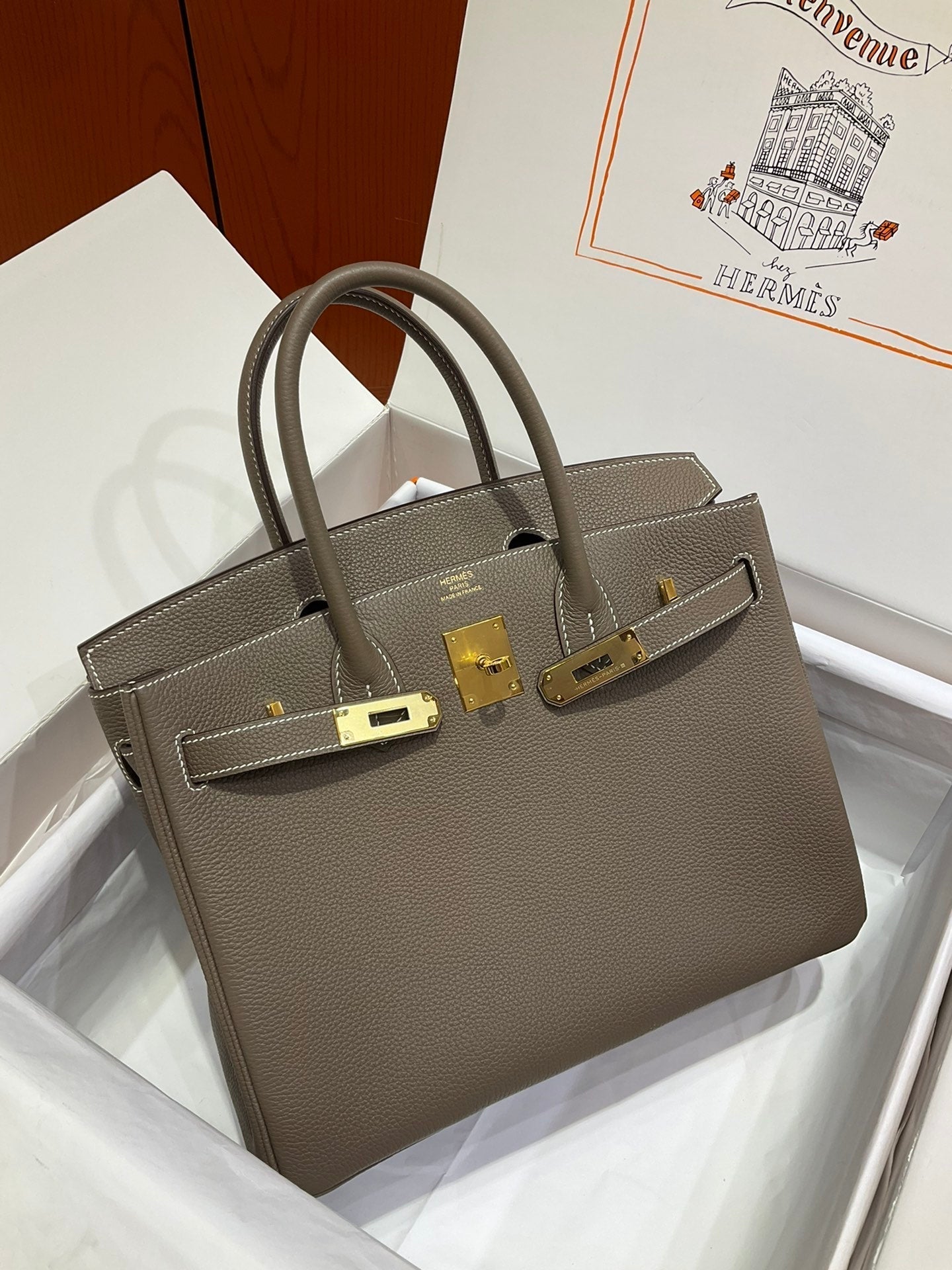 Birkin 30 Retourne in Etoupe Togo Leather with White Stitching (Gold Hardware)