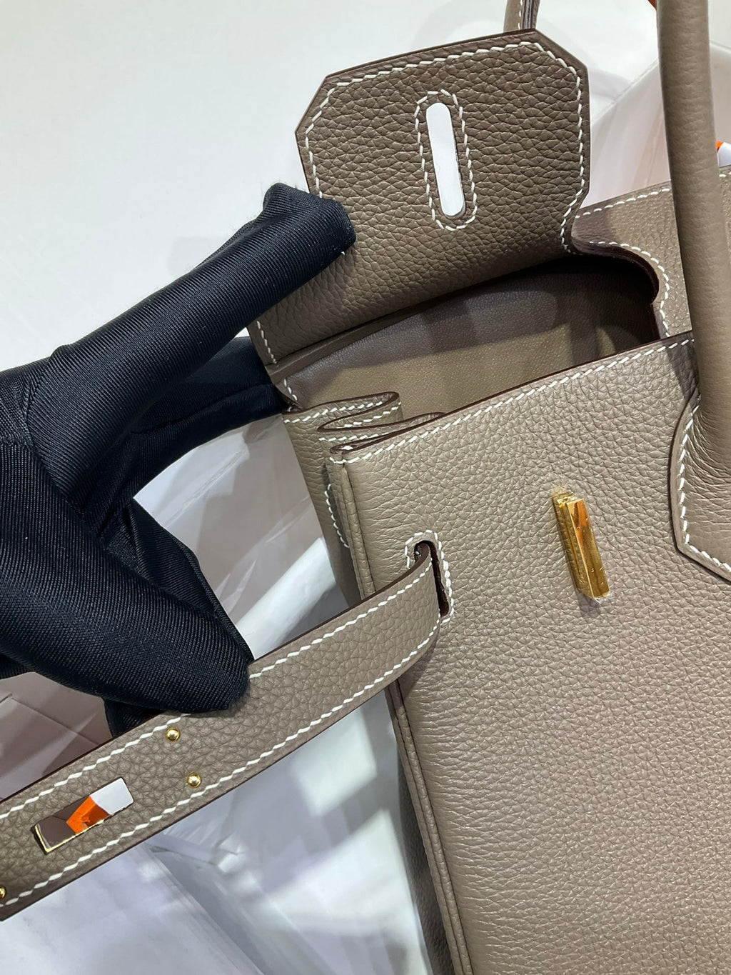 Birkin 30 Retourne in Etoupe Togo Leather with White Stitching (Gold Hardware)