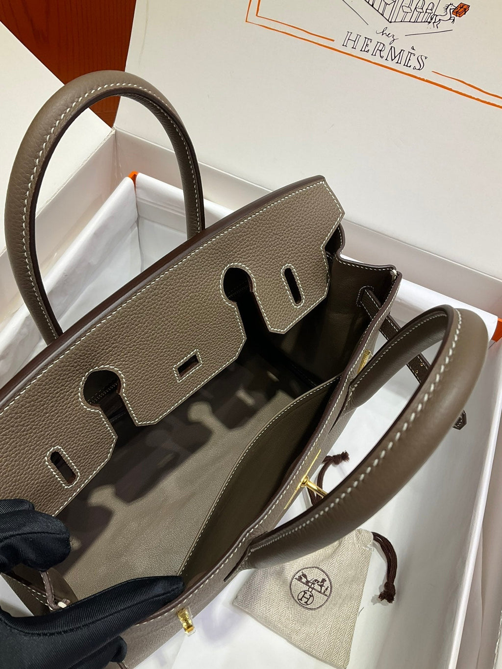 Birkin 30 Retourne in Etoupe Togo Leather with White Stitching (Gold Hardware)