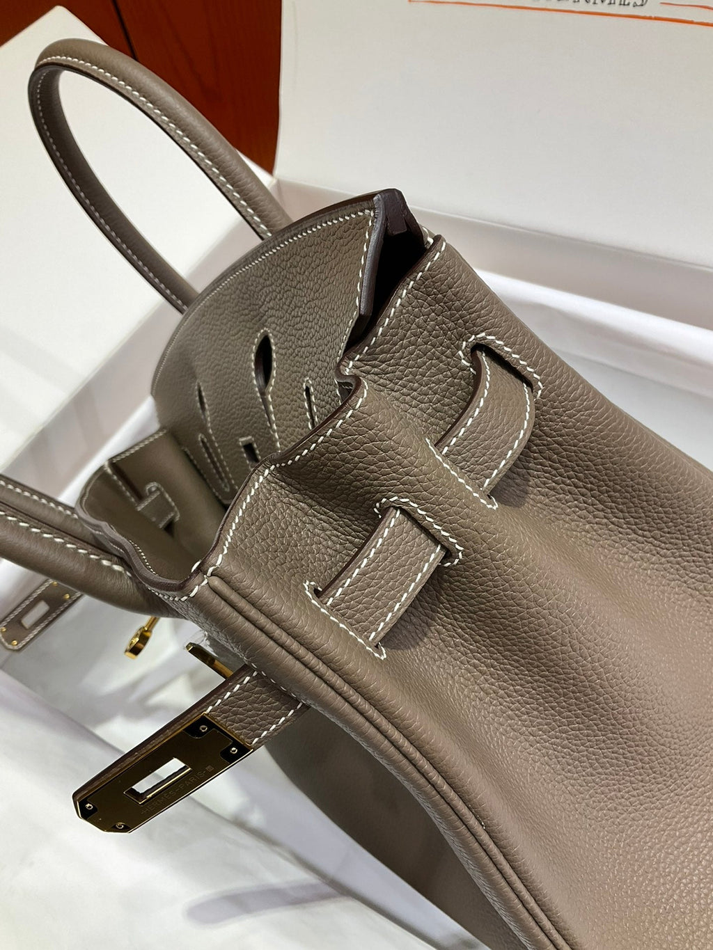 Birkin 30 Retourne in Etoupe Togo Leather with White Stitching (Gold Hardware)