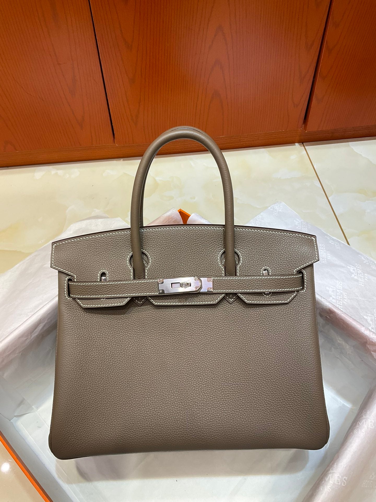 Birkin 30 Retourne in Etoupe Togo Leather with White Stitching (Palladium Hardware)