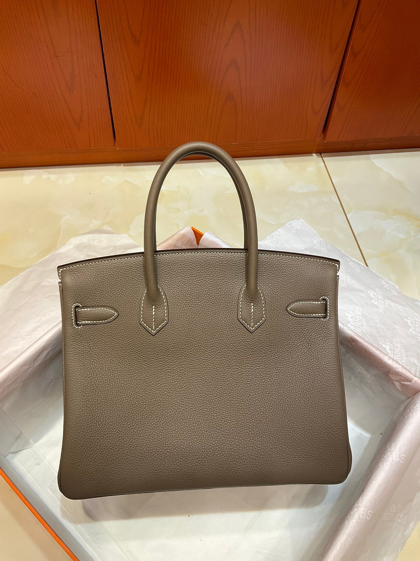 Birkin 30 Retourne in Etoupe Togo Leather with White Stitching (Palladium Hardware)