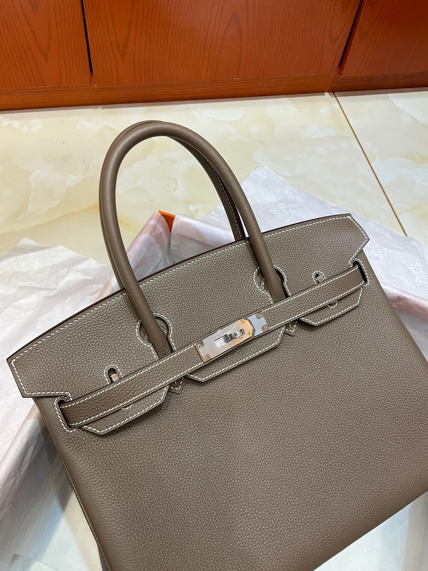 Birkin 30 Retourne in Etoupe Togo Leather with White Stitching (Palladium Hardware)
