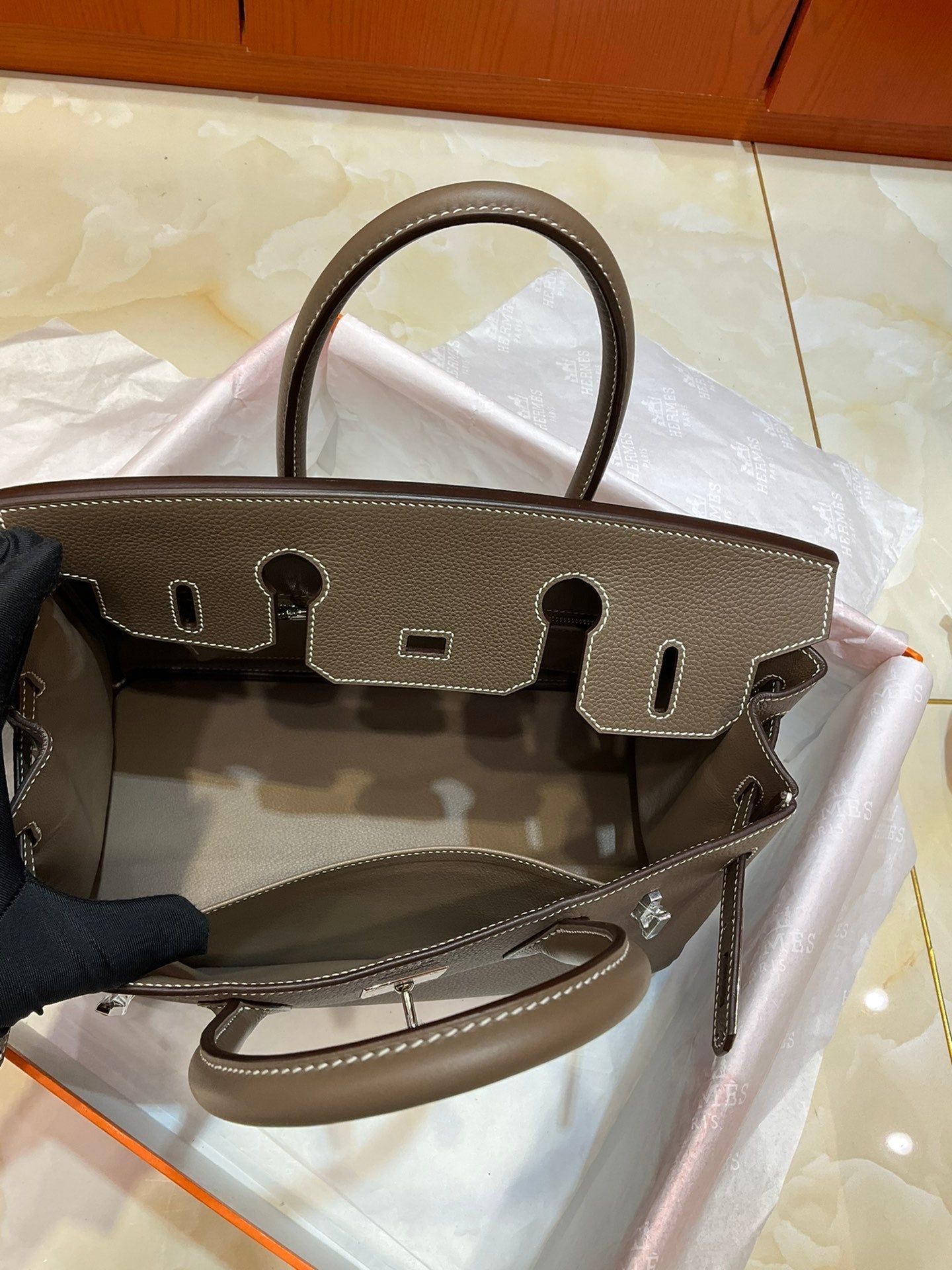 Birkin 30 Retourne in Etoupe Togo Leather with White Stitching (Palladium Hardware)