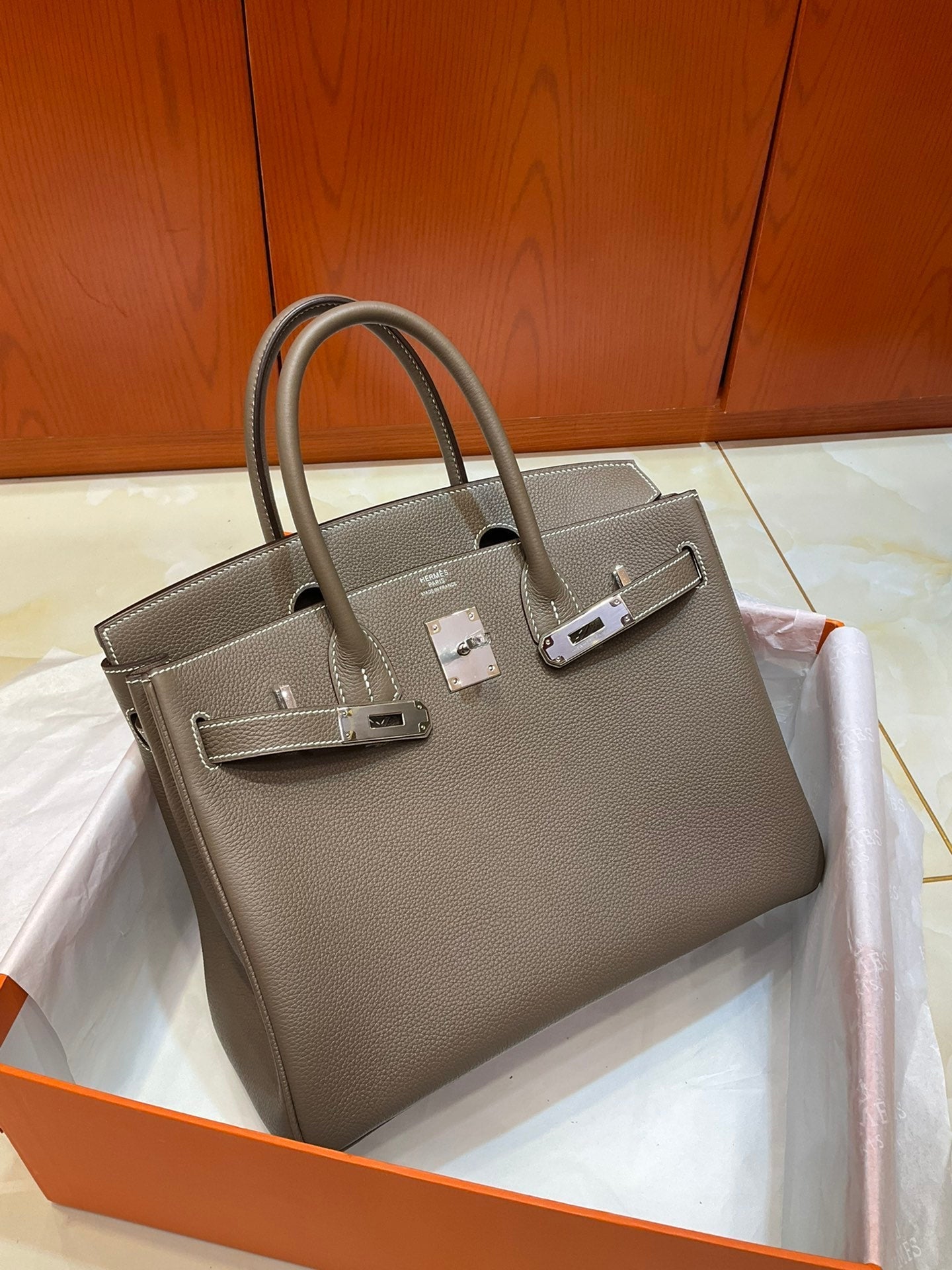 Birkin 30 Retourne in Etoupe Togo Leather with White Stitching (Palladium Hardware)