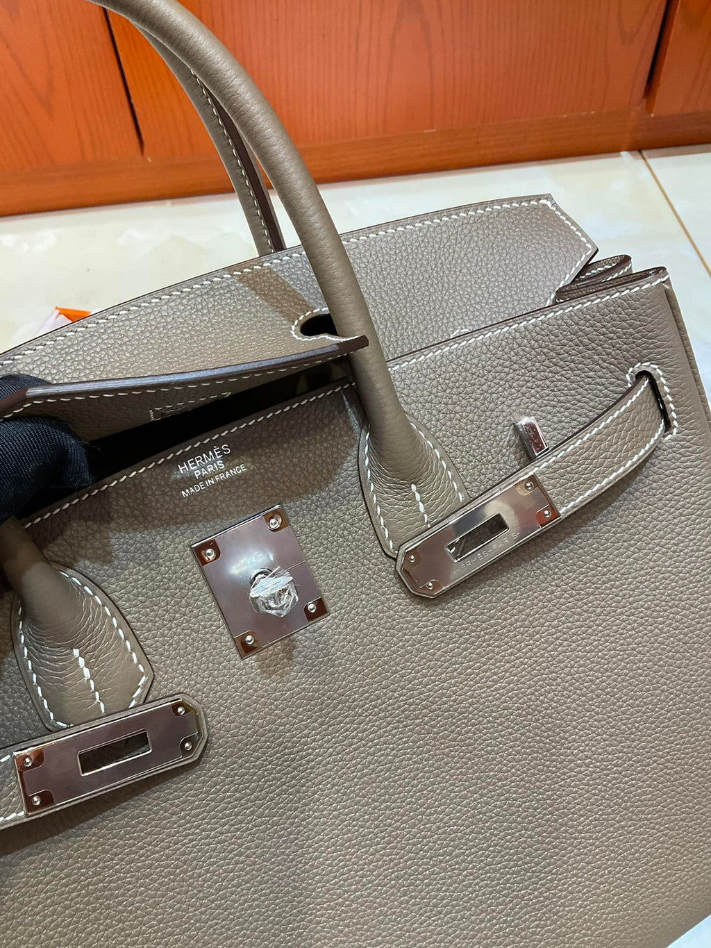 Birkin 30 Retourne in Etoupe Togo Leather with White Stitching (Palladium Hardware)
