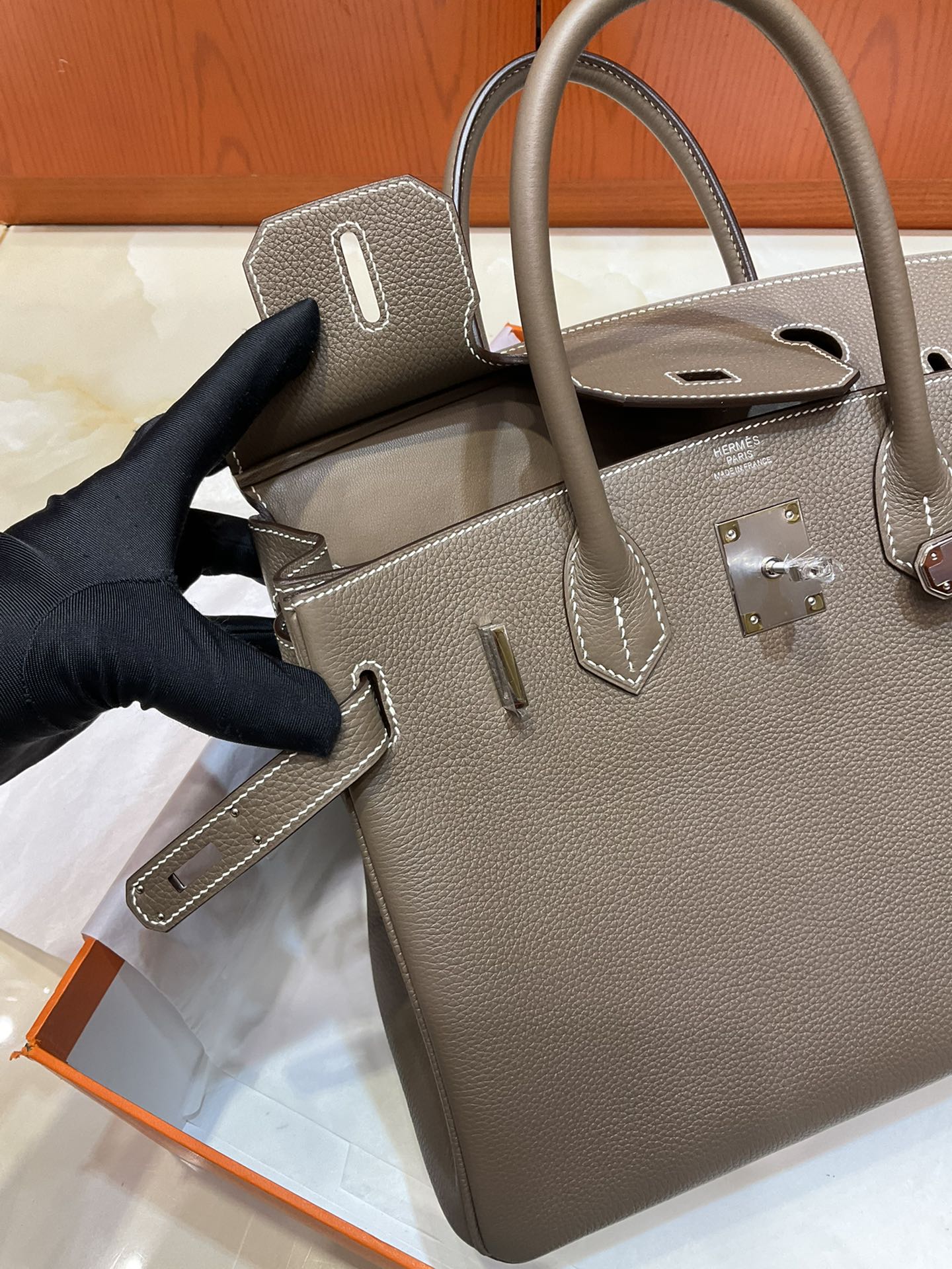 Birkin 30 Retourne in Etoupe Togo Leather with White Stitching (Palladium Hardware)