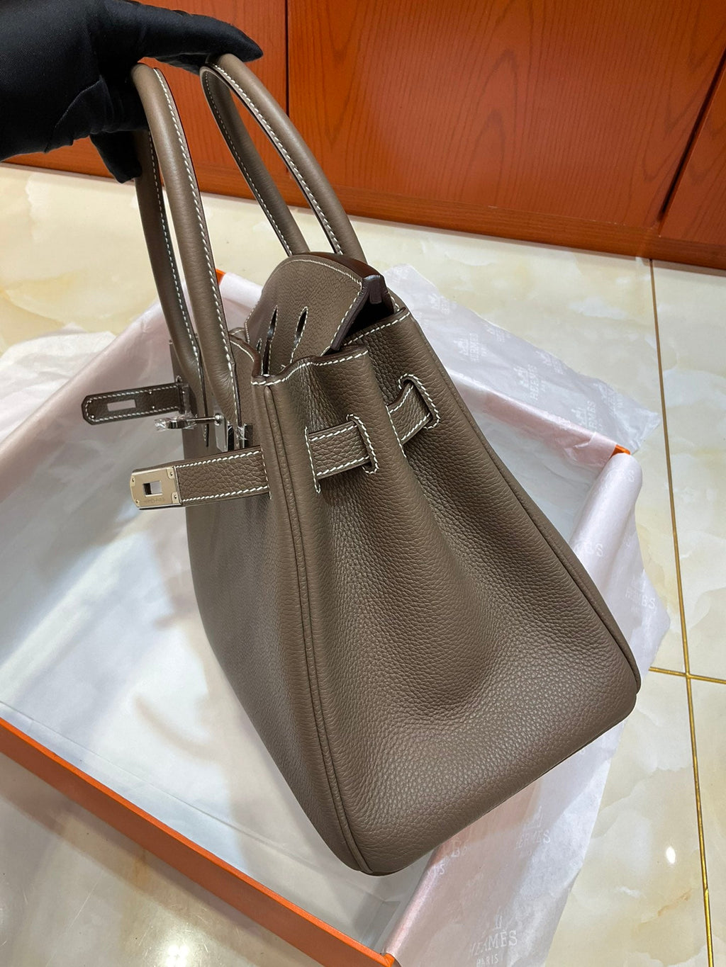 Birkin 30 Retourne in Etoupe Togo Leather with White Stitching (Palladium Hardware)