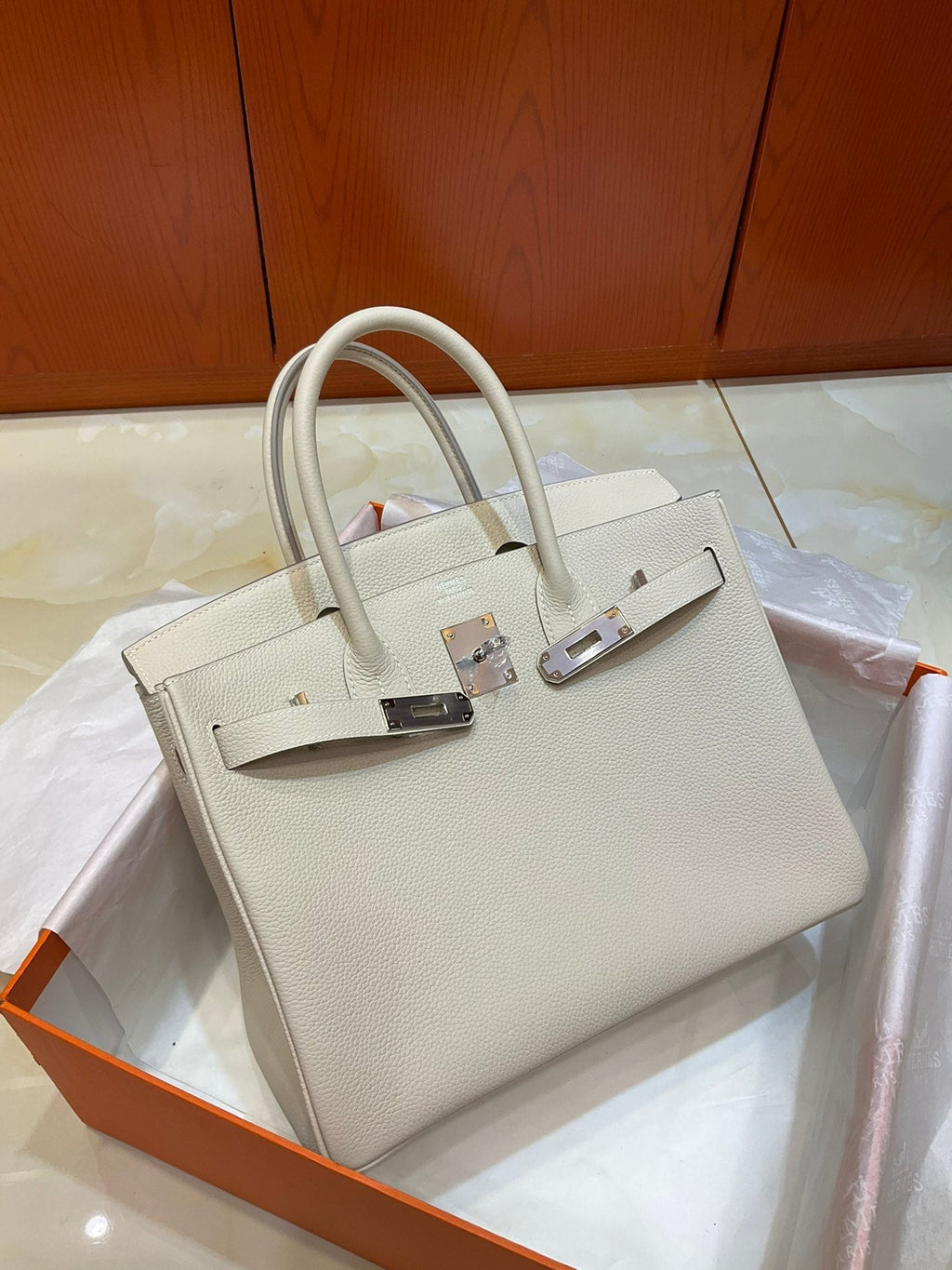 Birkin 30 Retourne in Craie Togo Leather (Palladium Hardware)