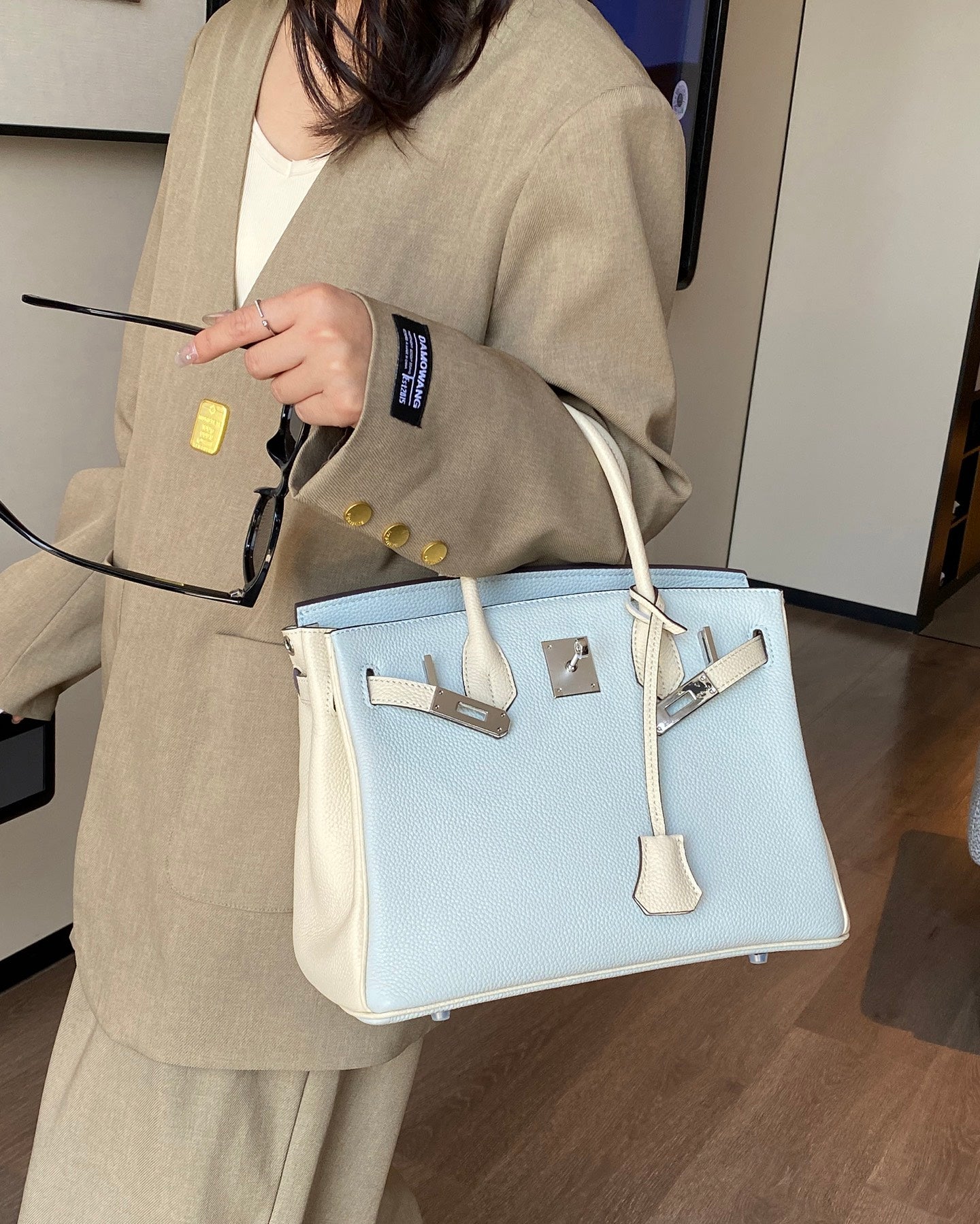 Birkin 25/30 Retourne Bi-Color in Bleu Brume and Craie Togo Leather (Palladium Hardware)
