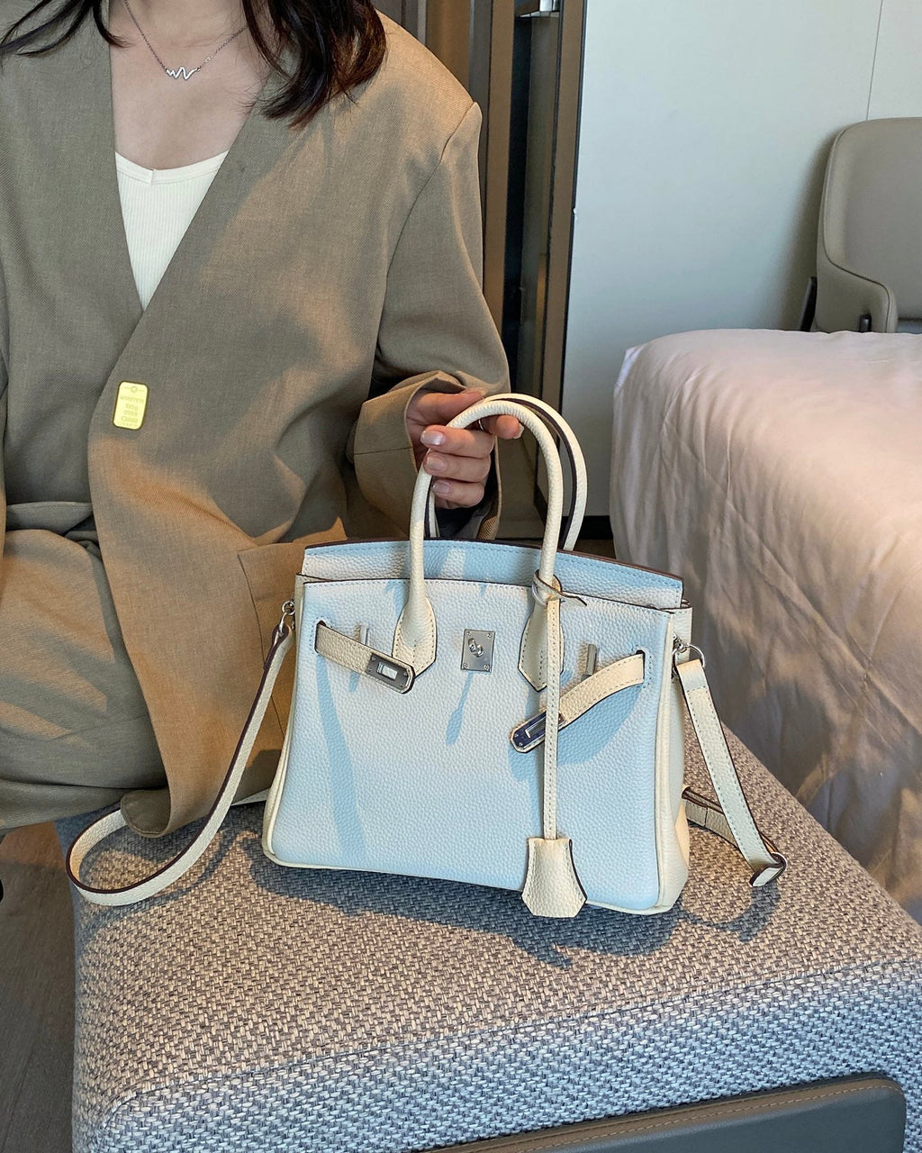 Birkin 25/30 Retourne Bi-Color in Bleu Brume and Craie Togo Leather (Palladium Hardware)