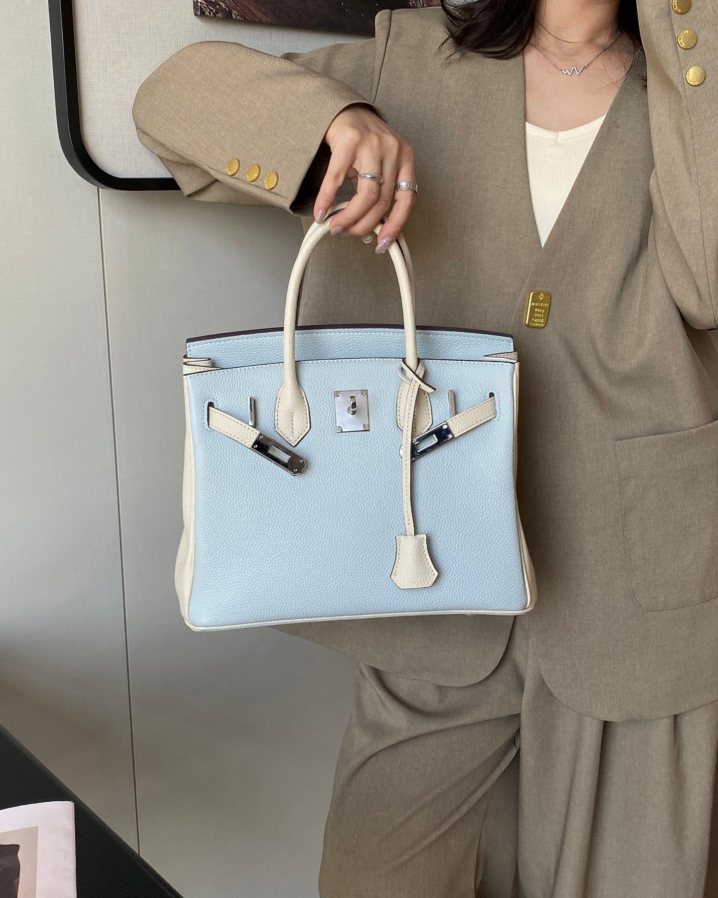Birkin 25/30 Retourne Bi-Color in Bleu Brume and Craie Togo Leather (Palladium Hardware)