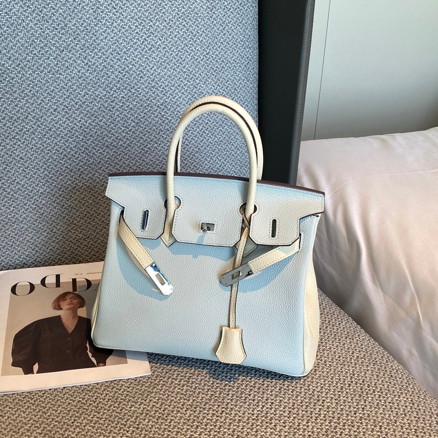 Birkin 25/30 Retourne Bi-Color in Bleu Brume and Craie Togo Leather (Palladium Hardware)