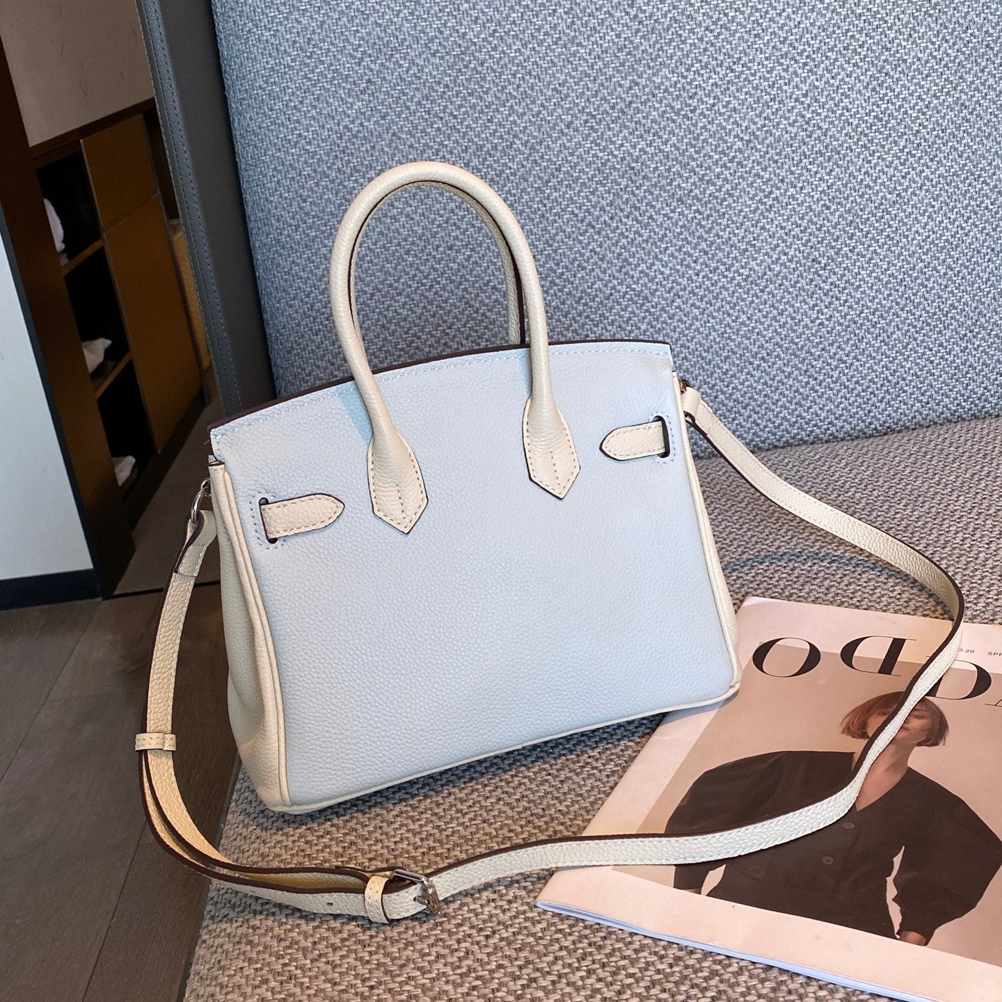 Birkin 25/30 Retourne Bi-Color in Bleu Brume and Craie Togo Leather (Palladium Hardware)