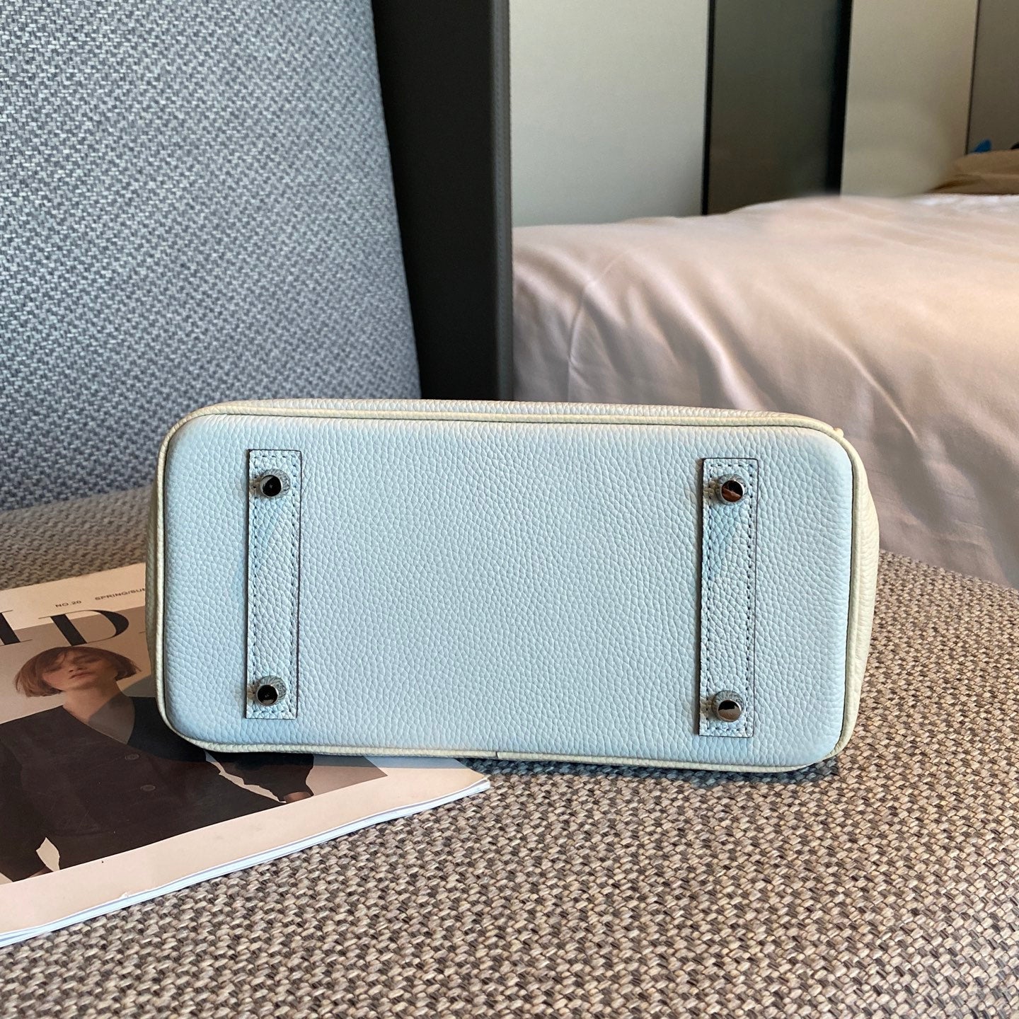 Birkin 25/30 Retourne Bi-Color in Bleu Brume and Craie Togo Leather (Palladium Hardware)