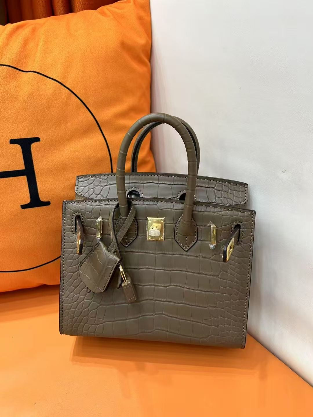Mini Birkin 20cm Outer Stitching Tote Bag in Taupe Crocodile Pattern