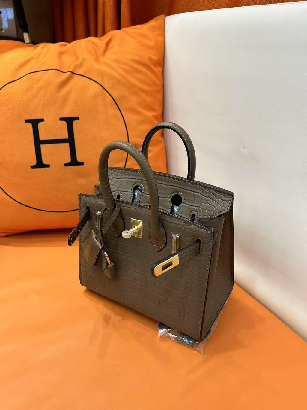 Mini Birkin 20cm Outer Stitching Tote Bag in Taupe Crocodile Pattern