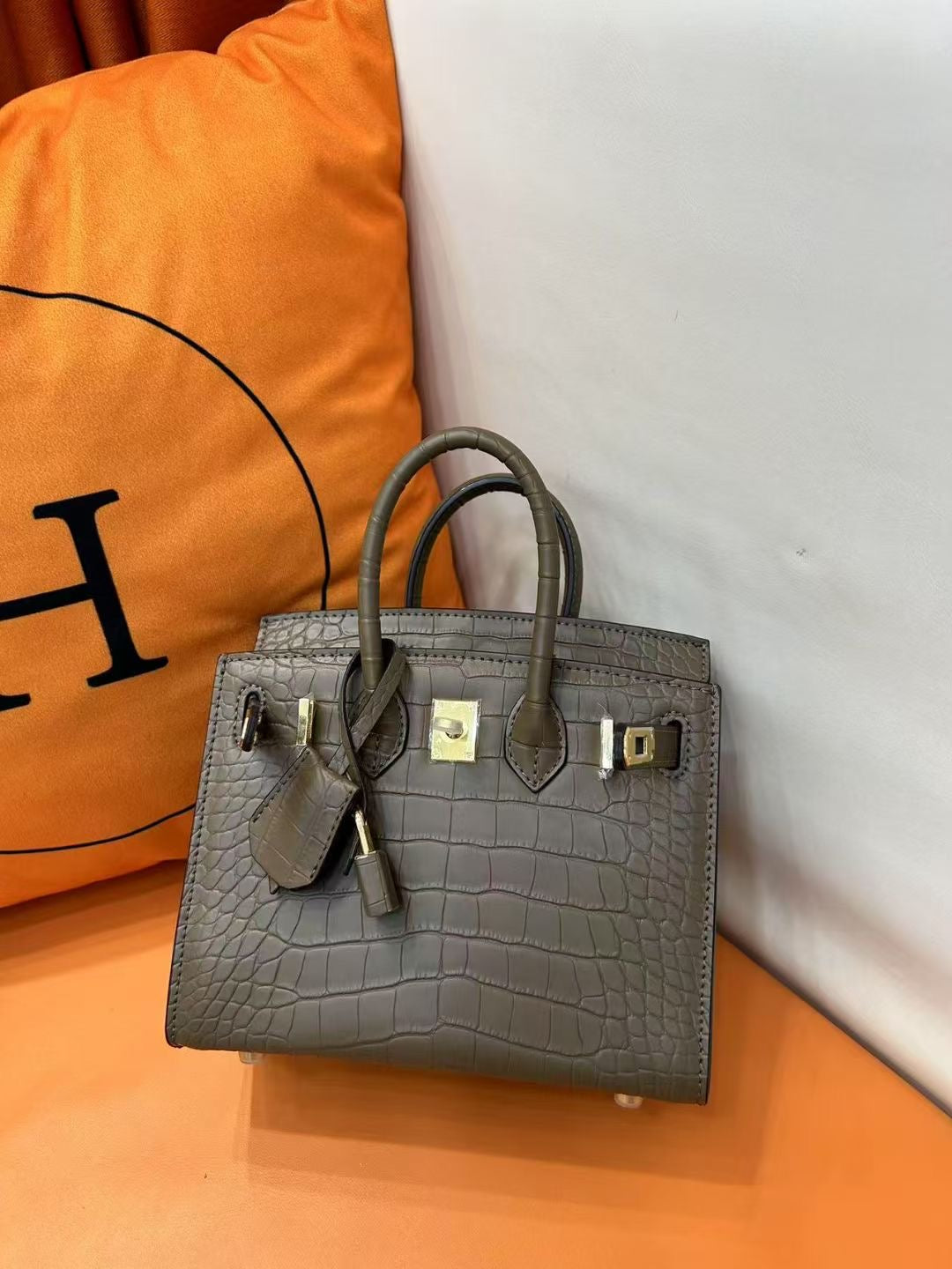 Mini Birkin 20cm Outer Stitching Tote Bag in Taupe Crocodile Pattern