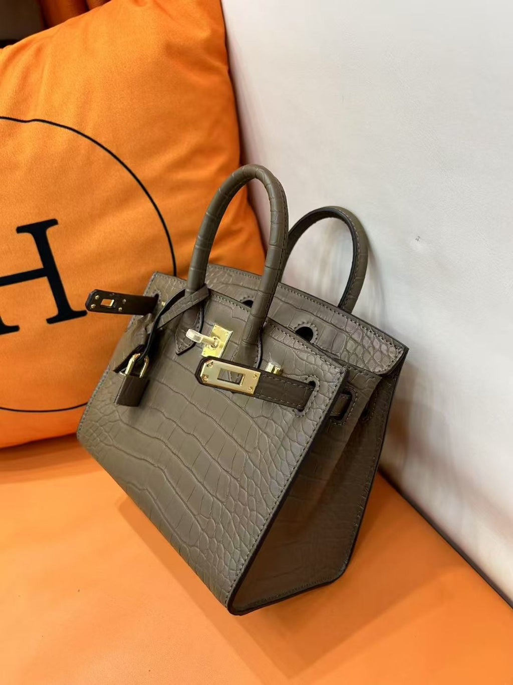 Mini Birkin 20cm Outer Stitching Tote Bag in Taupe Crocodile Pattern