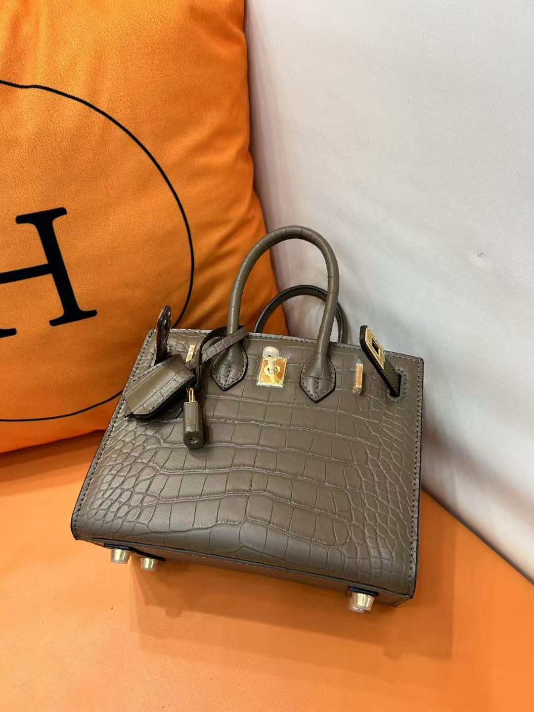 Mini Birkin 20cm Outer Stitching Tote Bag in Taupe Crocodile Pattern