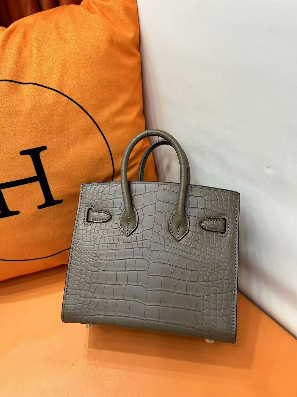 Mini Birkin 20cm Outer Stitching Tote Bag in Taupe Crocodile Pattern
