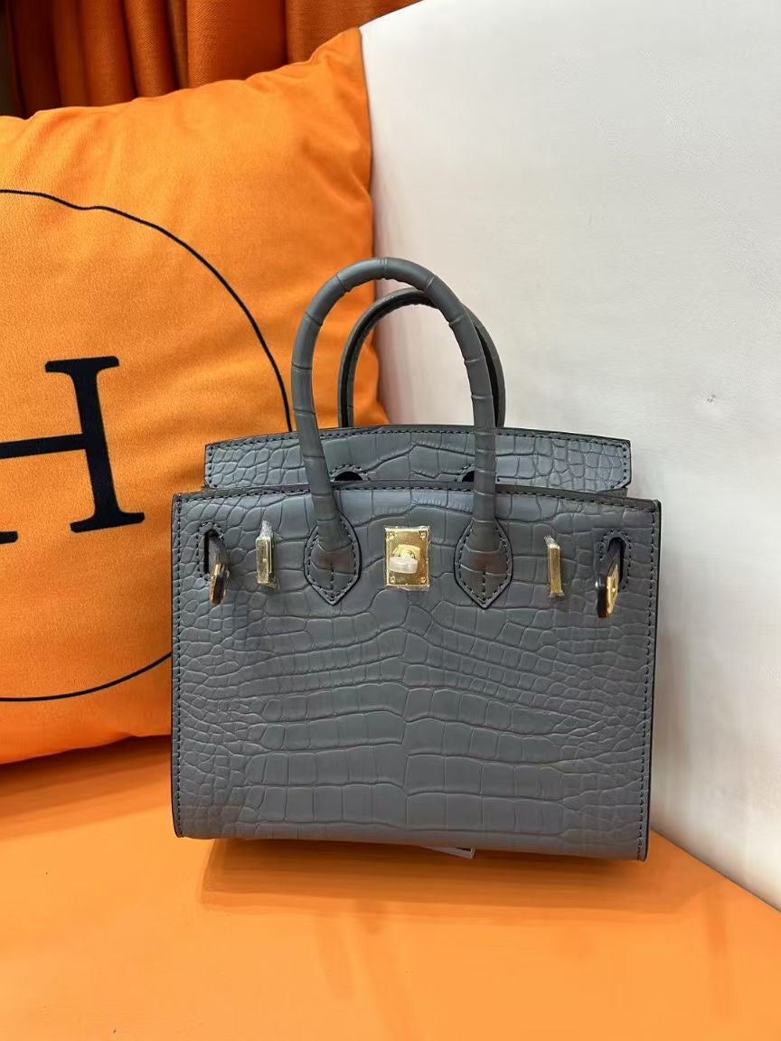 Mini Birkin 20cm Outer Stitching Tote Bag in Etain Gray Crocodile Pattern