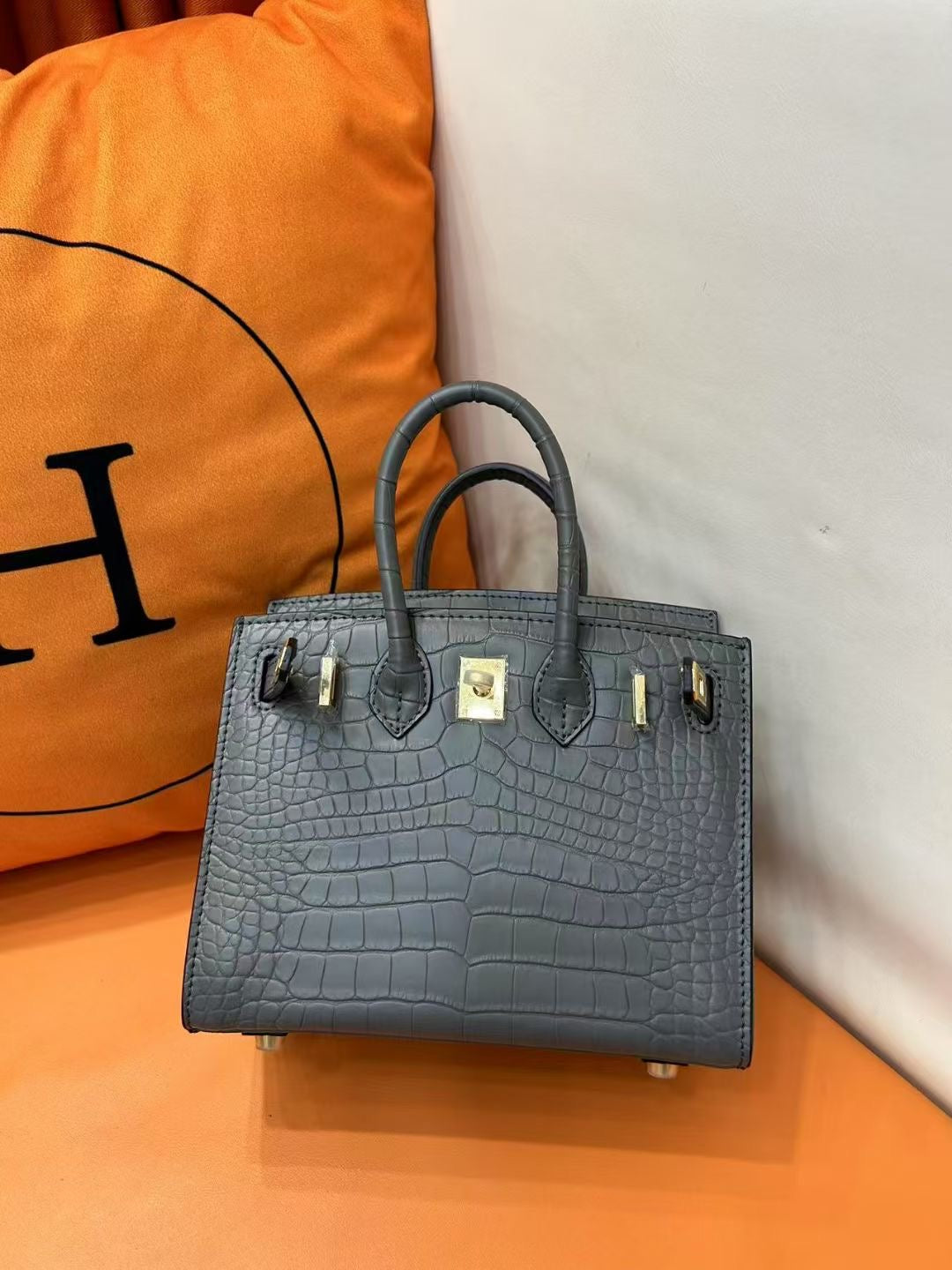 Mini Birkin 20cm Outer Stitching Tote Bag in Etain Gray Crocodile Pattern