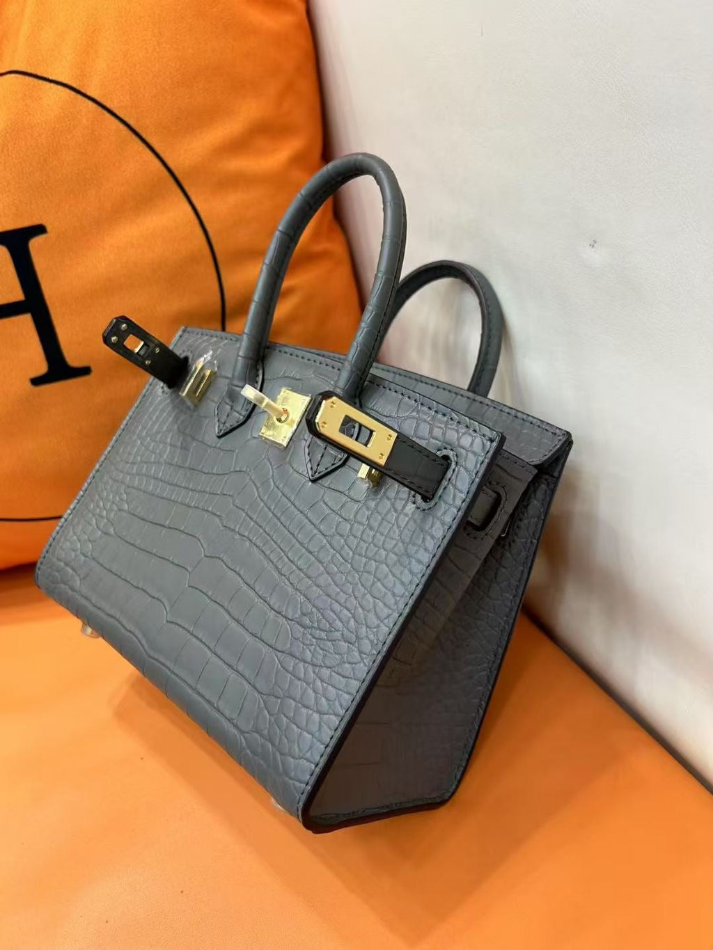 Mini Birkin 20cm Outer Stitching Tote Bag in Etain Gray Crocodile Pattern