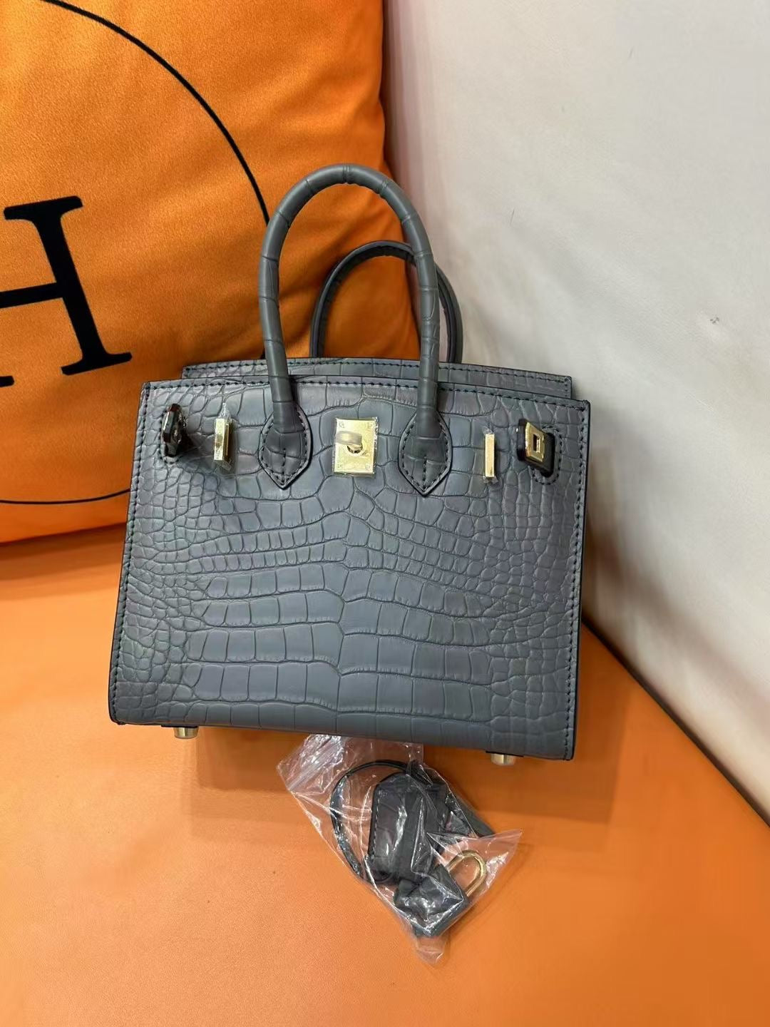 Mini Birkin 20cm Outer Stitching Tote Bag in Etain Gray Crocodile Pattern