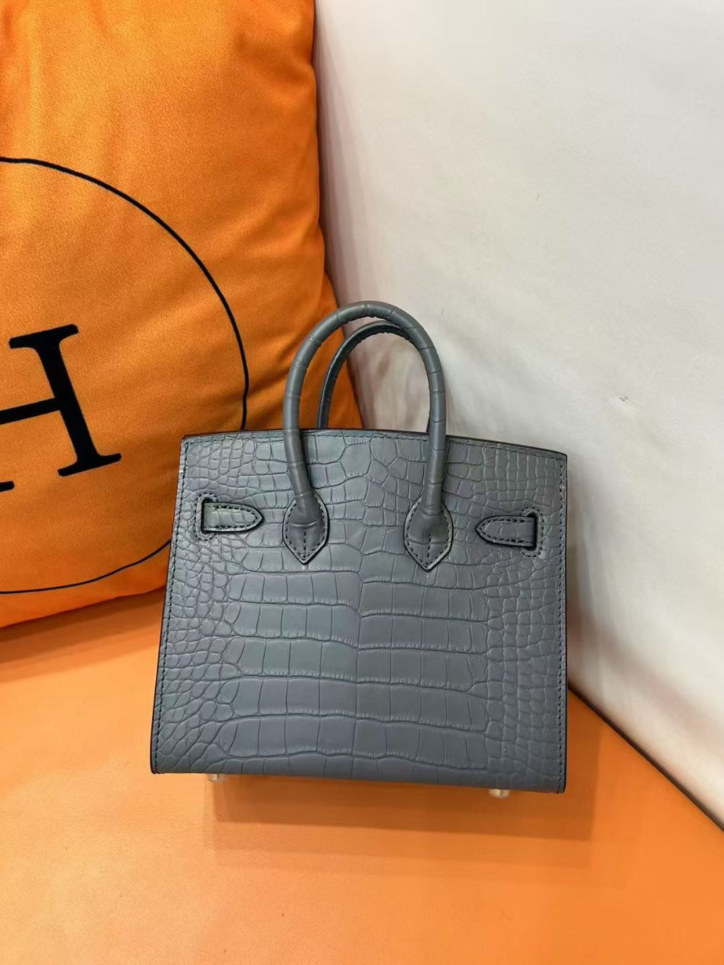 Mini Birkin 20cm Outer Stitching Tote Bag in Etain Gray Crocodile Pattern