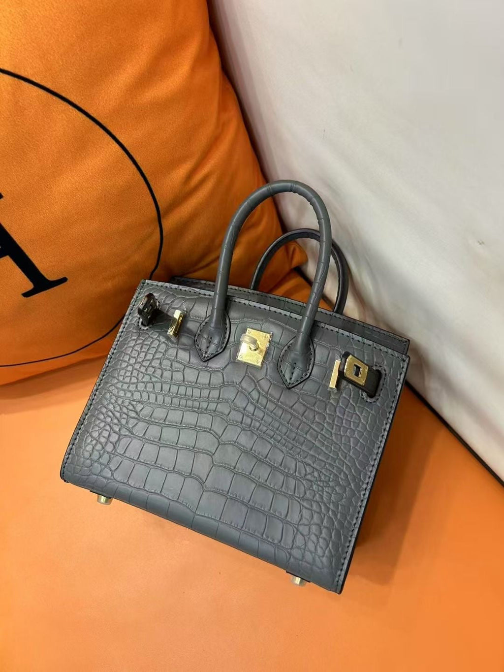 Mini Birkin 20cm Outer Stitching Tote Bag in Etain Gray Crocodile Pattern