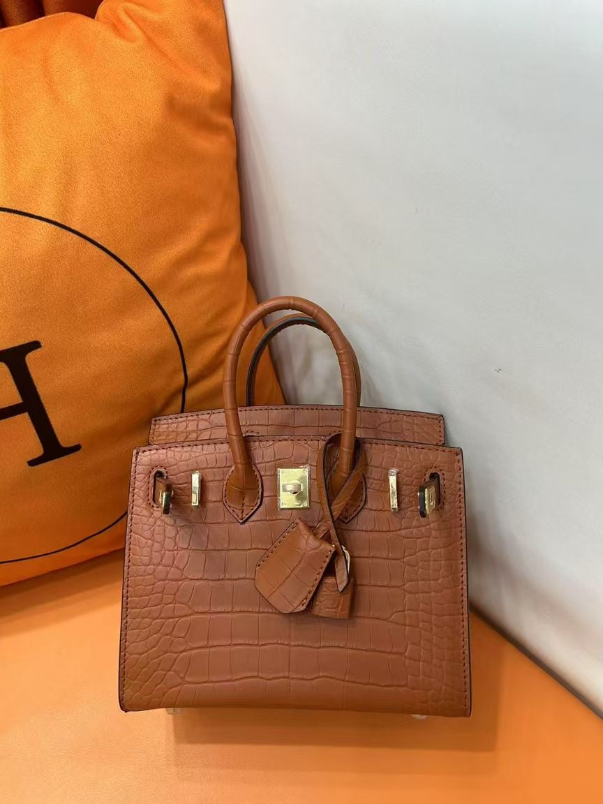 Mini Birkin 20cm Outer Stitching Tote Bag in Classic Gold Crocodile Pattern
