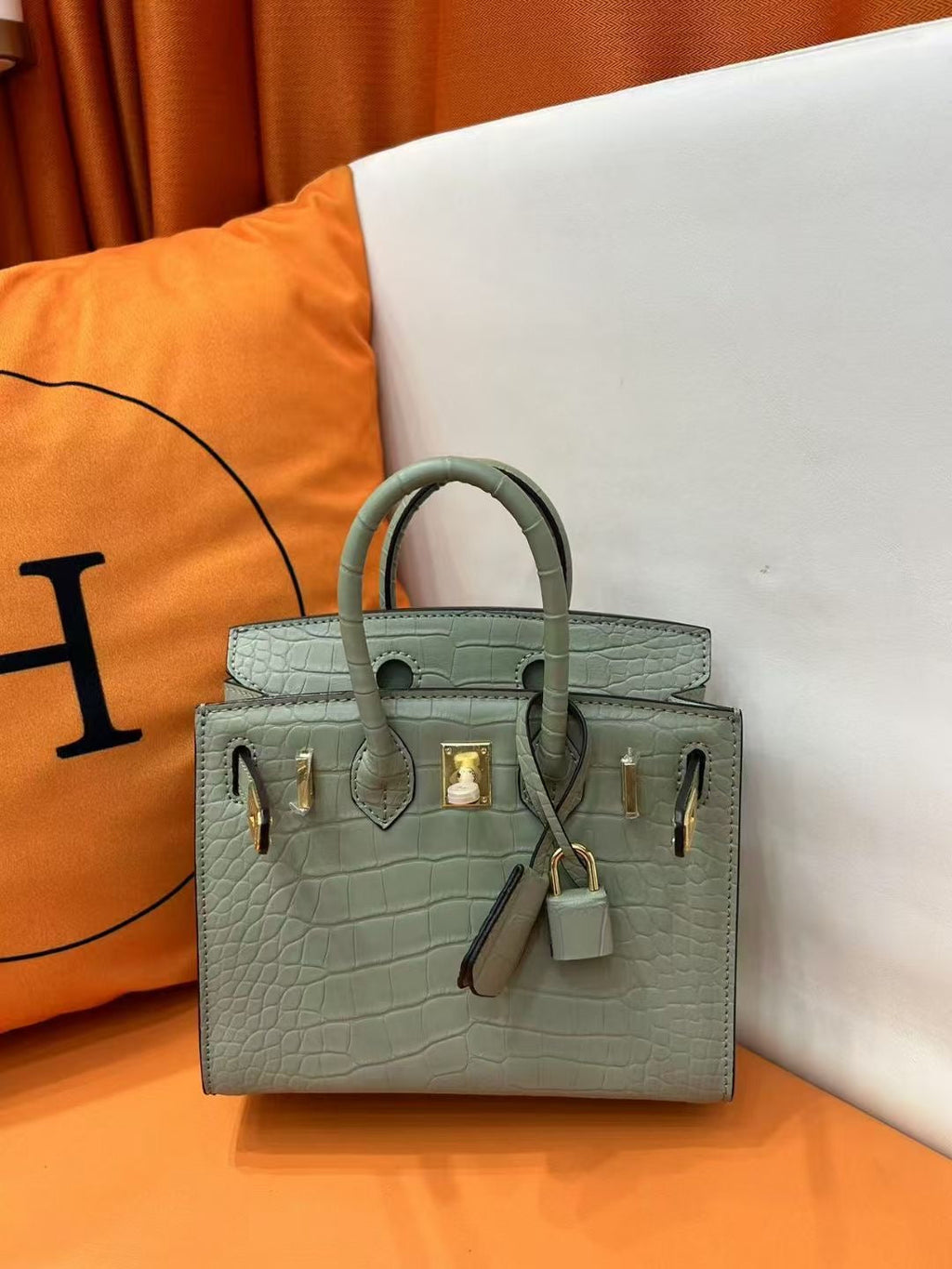 Mini Birkin 20cm Outer Stitching Tote Bag in Sage Green Crocodile Pattern