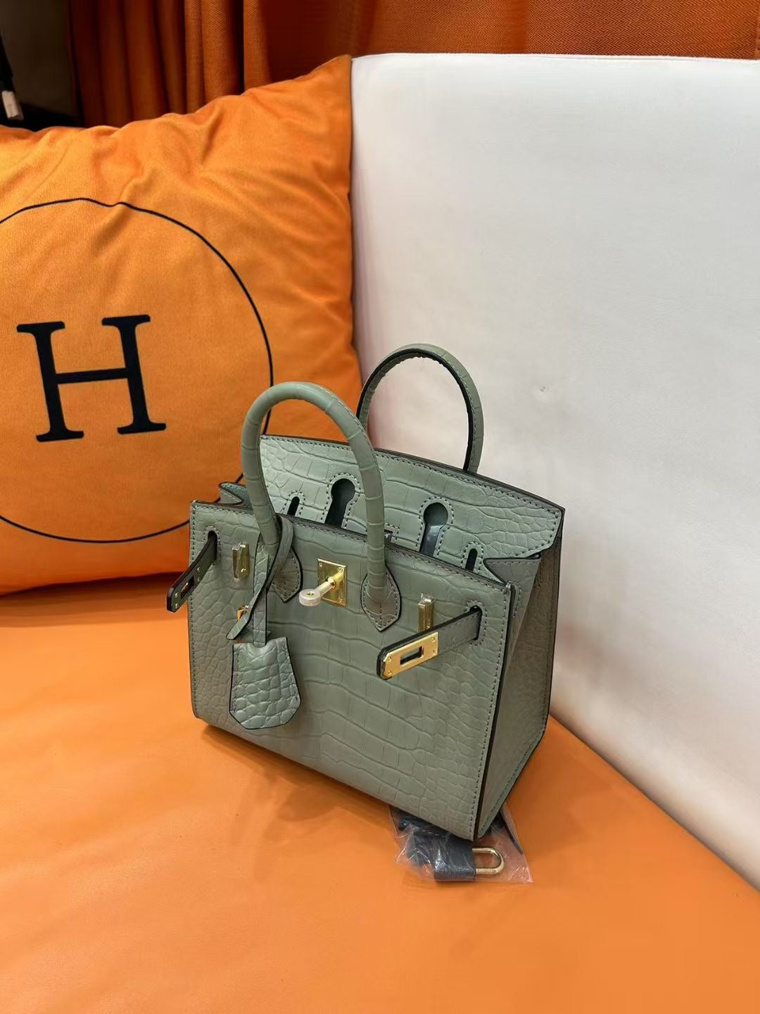Mini Birkin 20cm Outer Stitching Tote Bag in Sage Green Crocodile Pattern