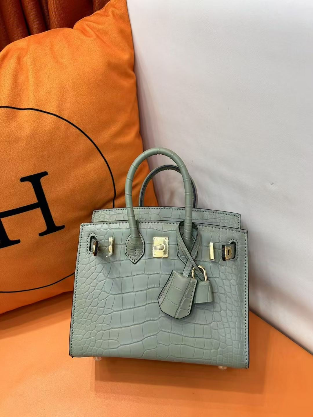 Mini Birkin 20cm Outer Stitching Tote Bag in Sage Green Crocodile Pattern