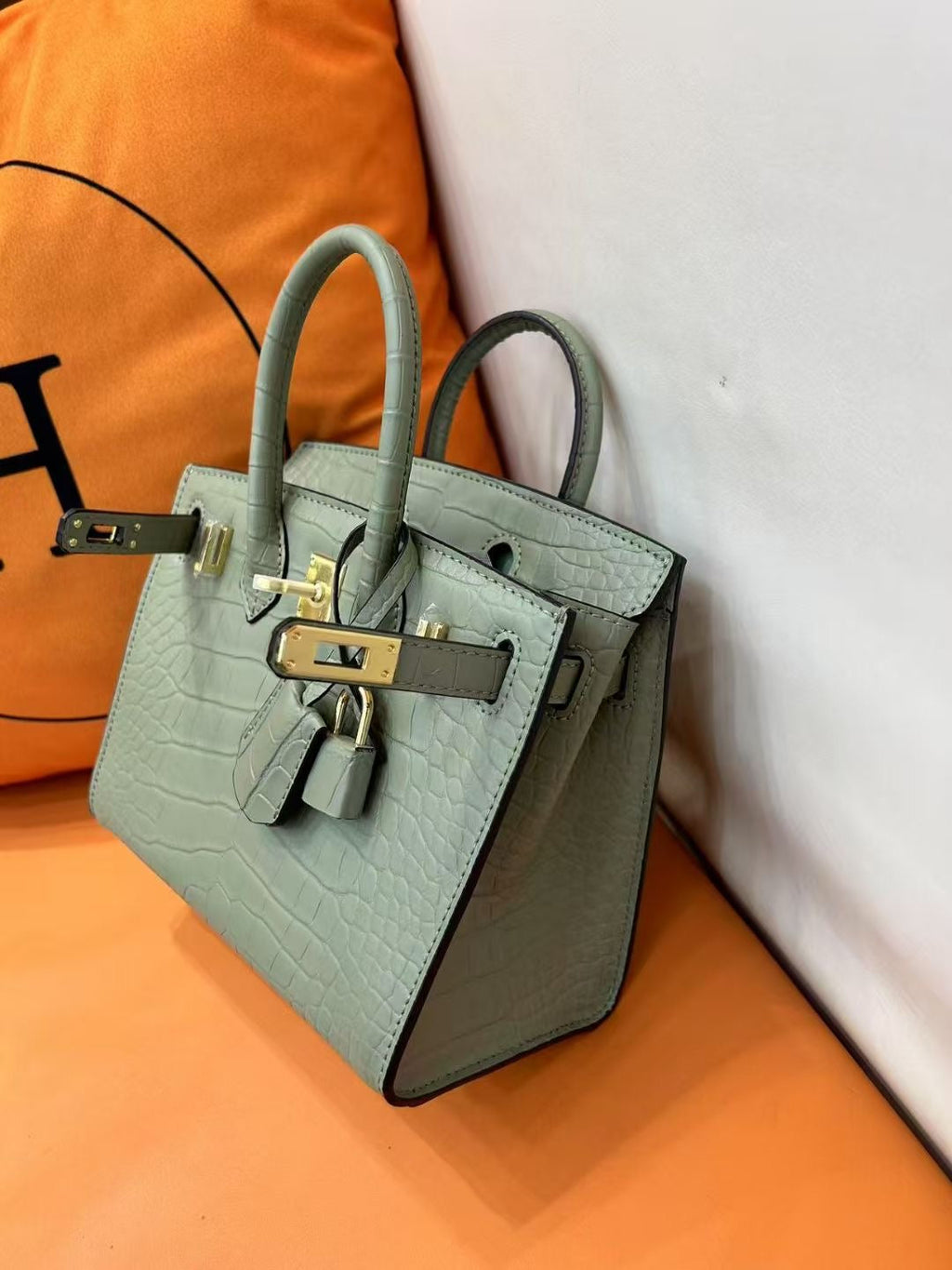 Mini Birkin 20cm Outer Stitching Tote Bag in Sage Green Crocodile Pattern