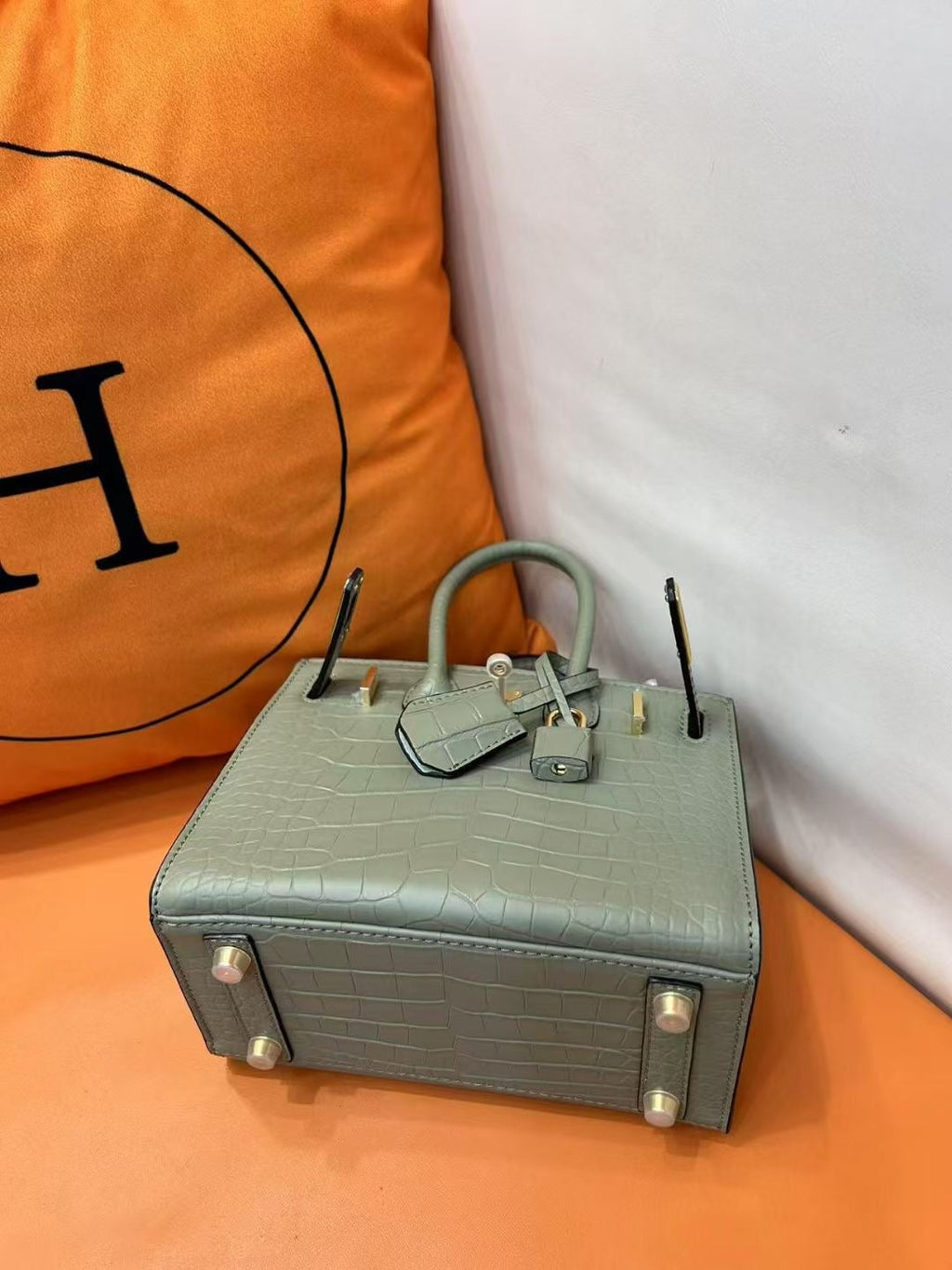 Mini Birkin 20cm Outer Stitching Tote Bag in Sage Green Crocodile Pattern