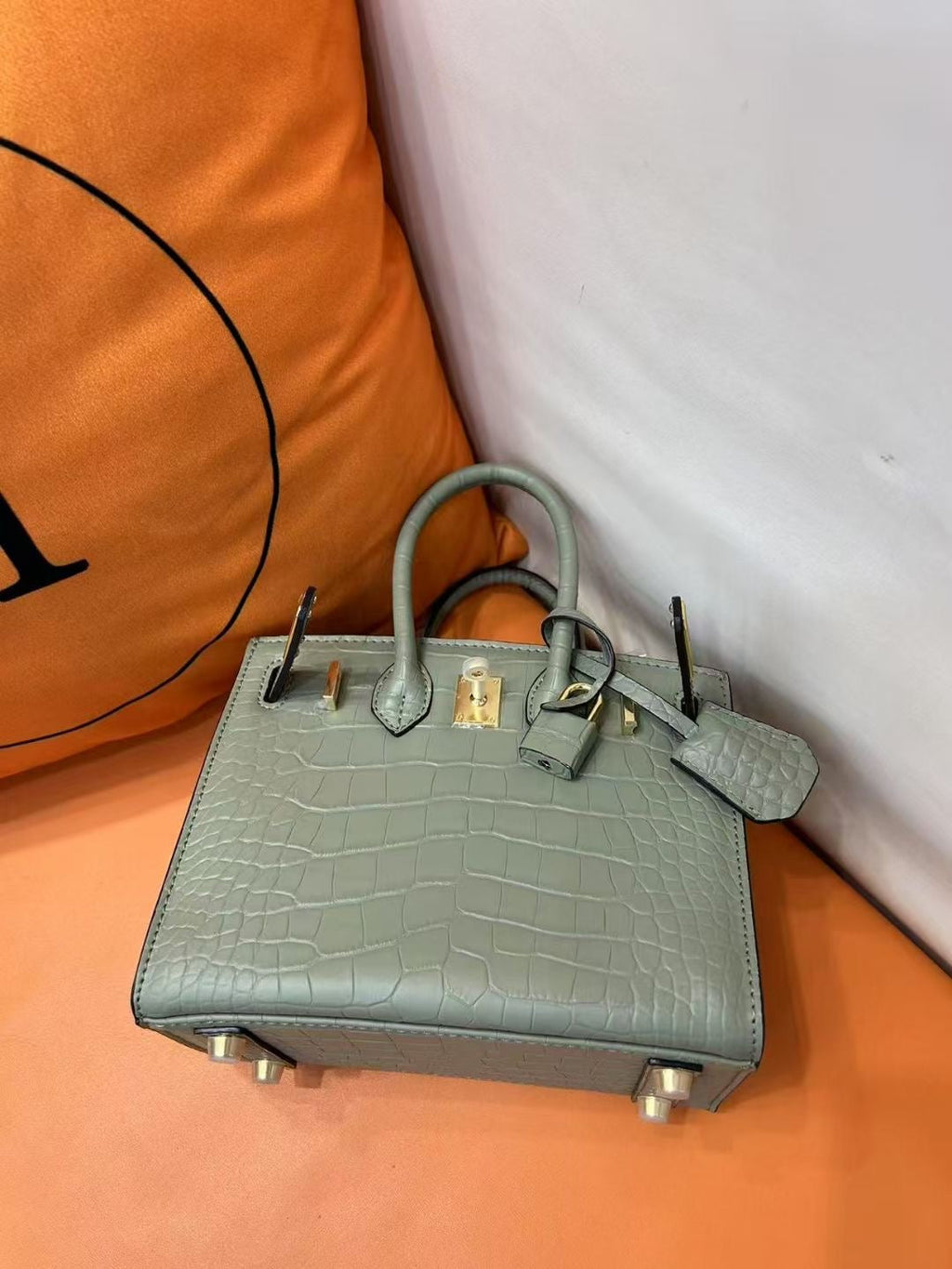 Mini Birkin 20cm Outer Stitching Tote Bag in Sage Green Crocodile Pattern