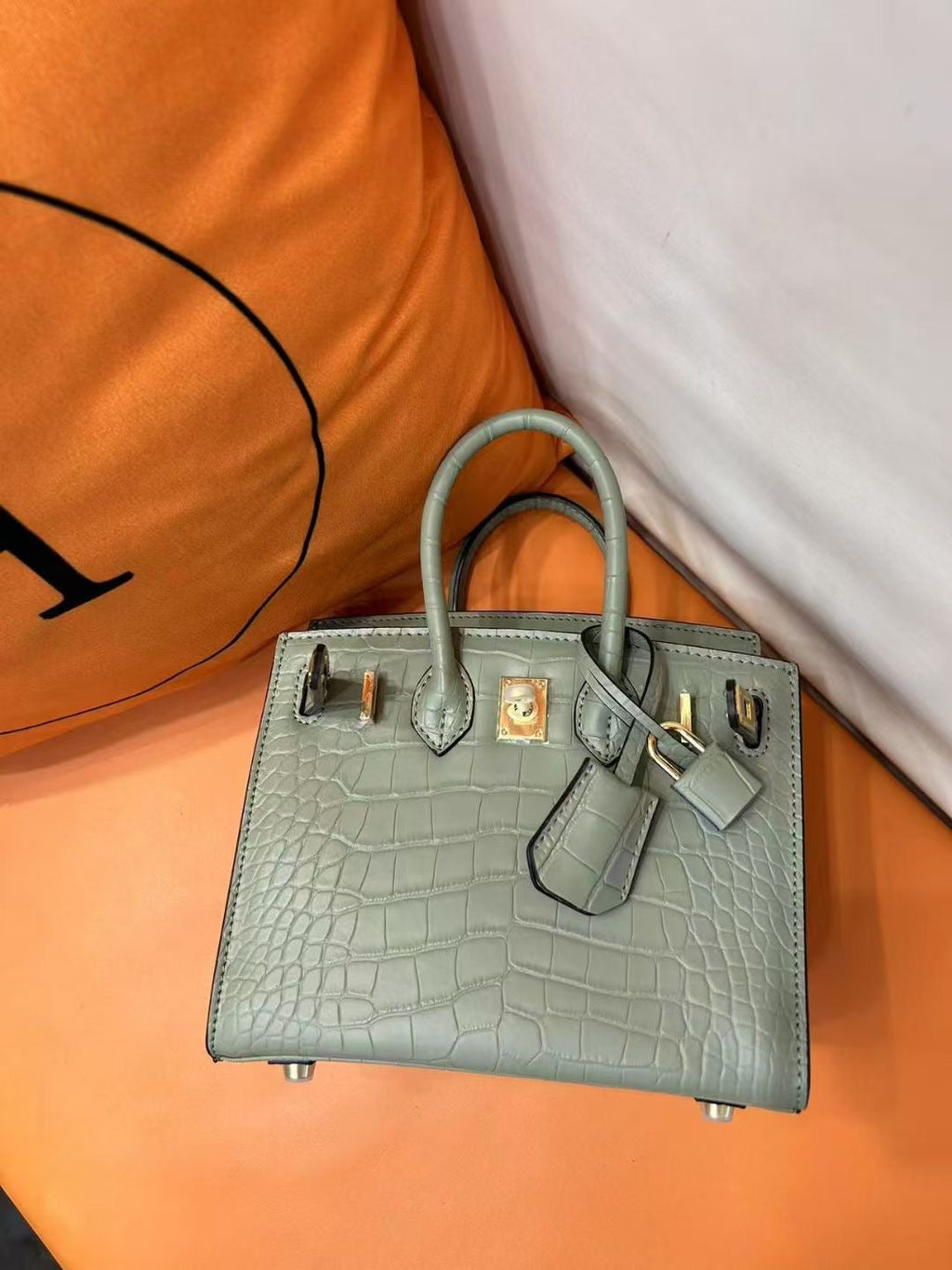 Mini Birkin 20cm Outer Stitching Tote Bag in Sage Green Crocodile Pattern
