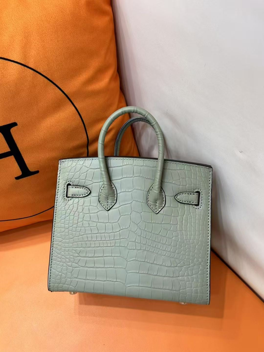 Mini Birkin 20cm Outer Stitching Tote Bag in Sage Green Crocodile Pattern