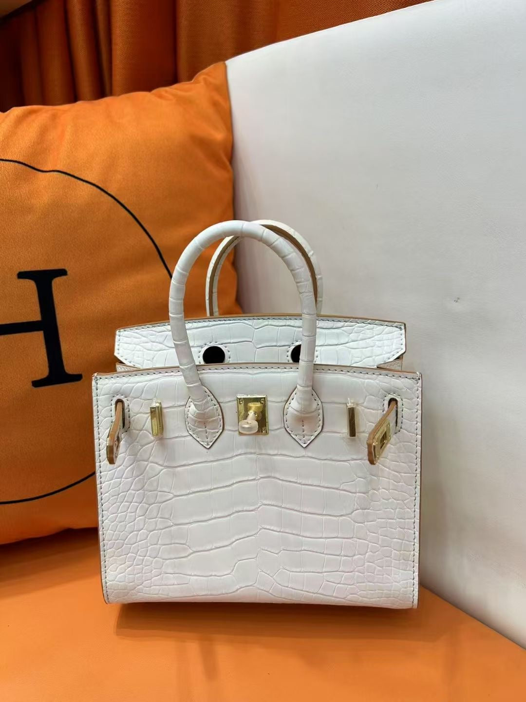 Mini Birkin 20cm Outer Stitching Tote Bag in Pure White Crocodile Pattern