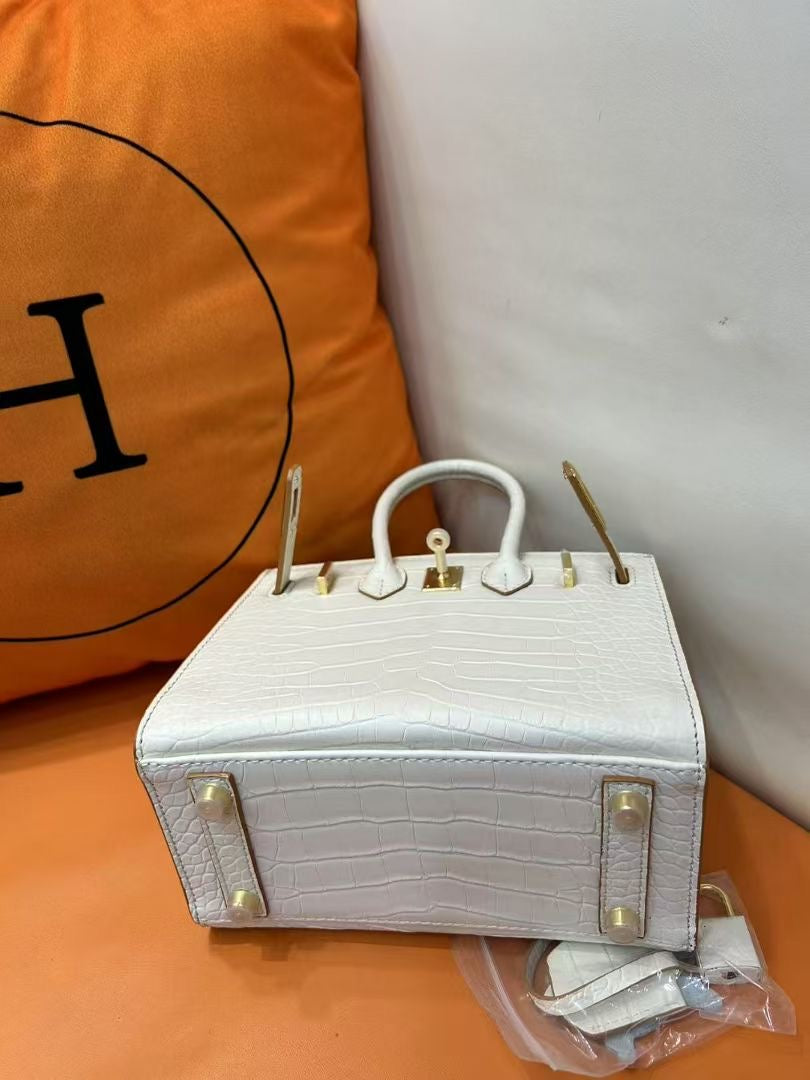 Mini Birkin 20cm Outer Stitching Tote Bag in Pure White Crocodile Pattern